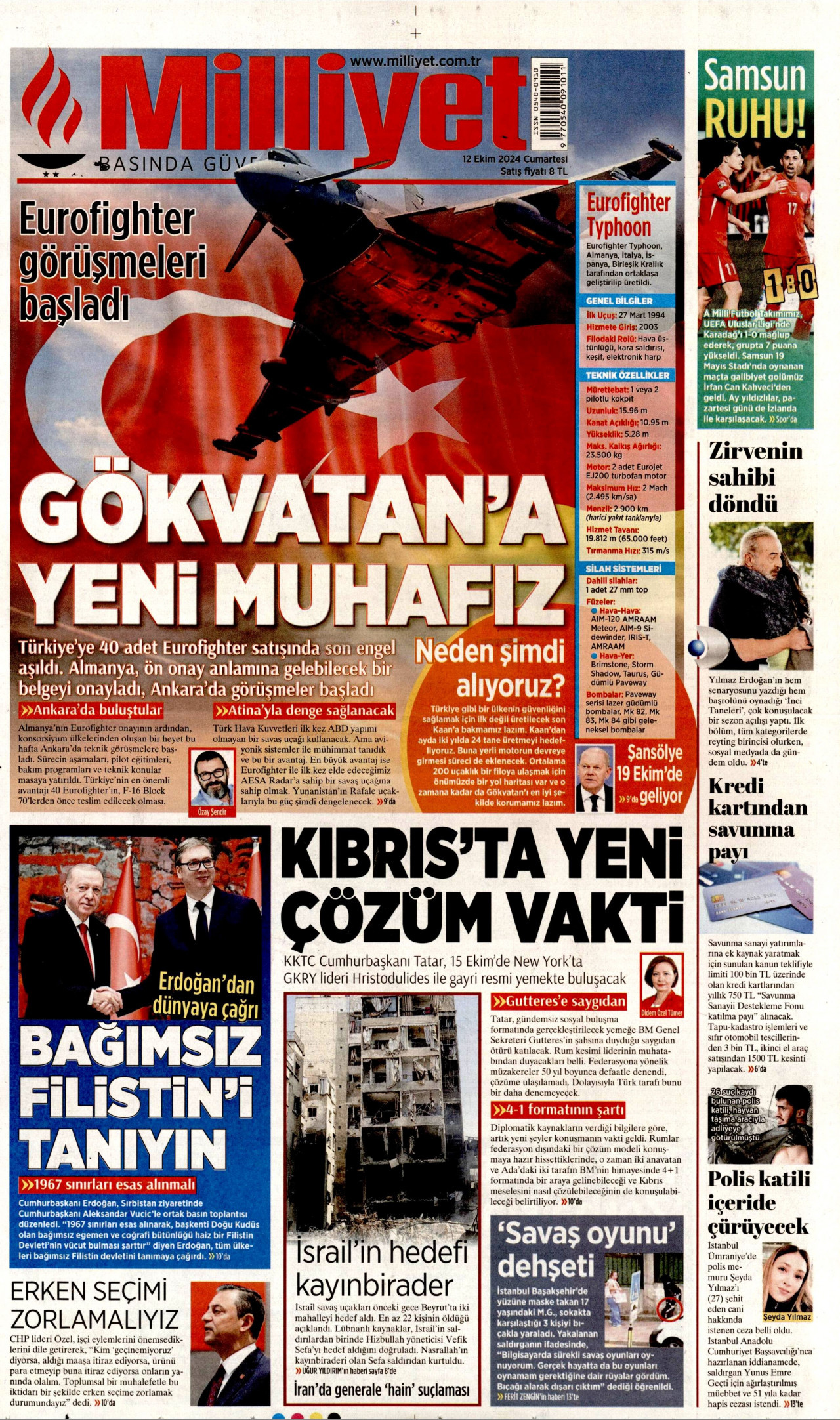 MİLLİYET gazetesinin 12 Ekim 2024 tarihli birinci sayfası