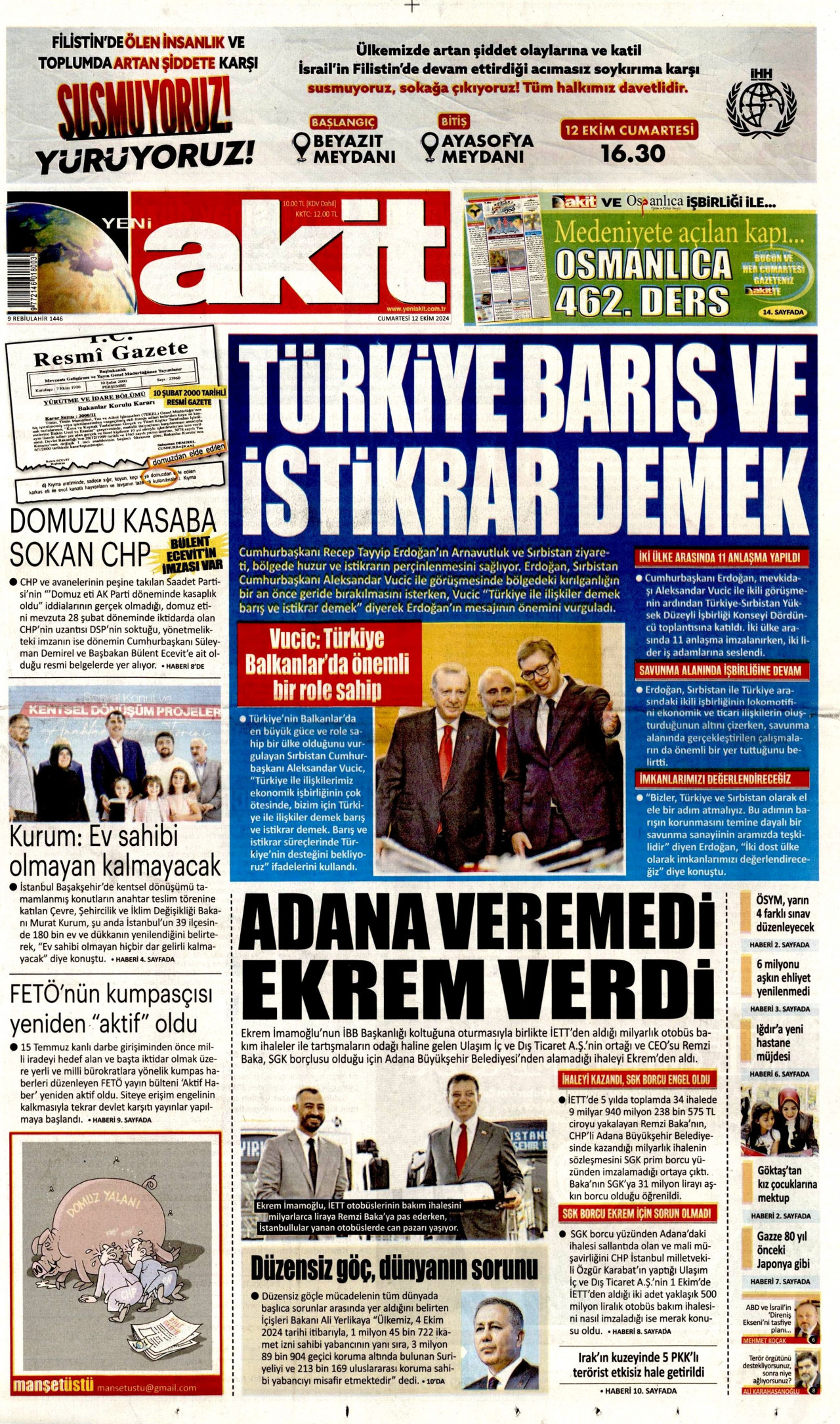 YENİ AKİT gazetesinin 12 Ekim 2024 tarihli birinci sayfası