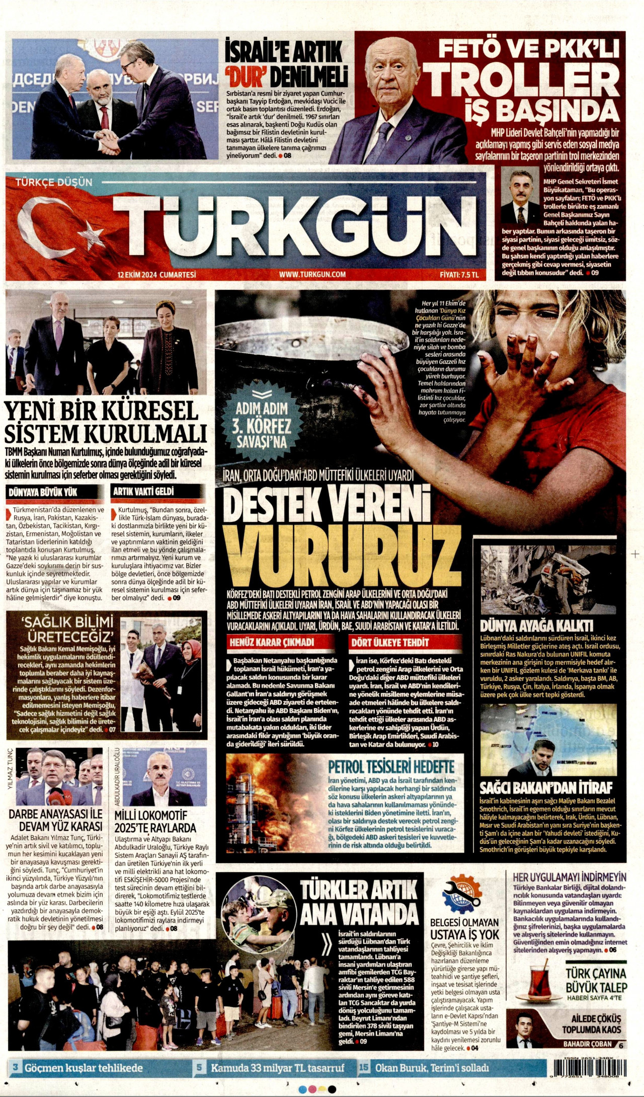 TÜRKGÜN gazetesinin 12 Ekim 2024 tarihli birinci sayfası