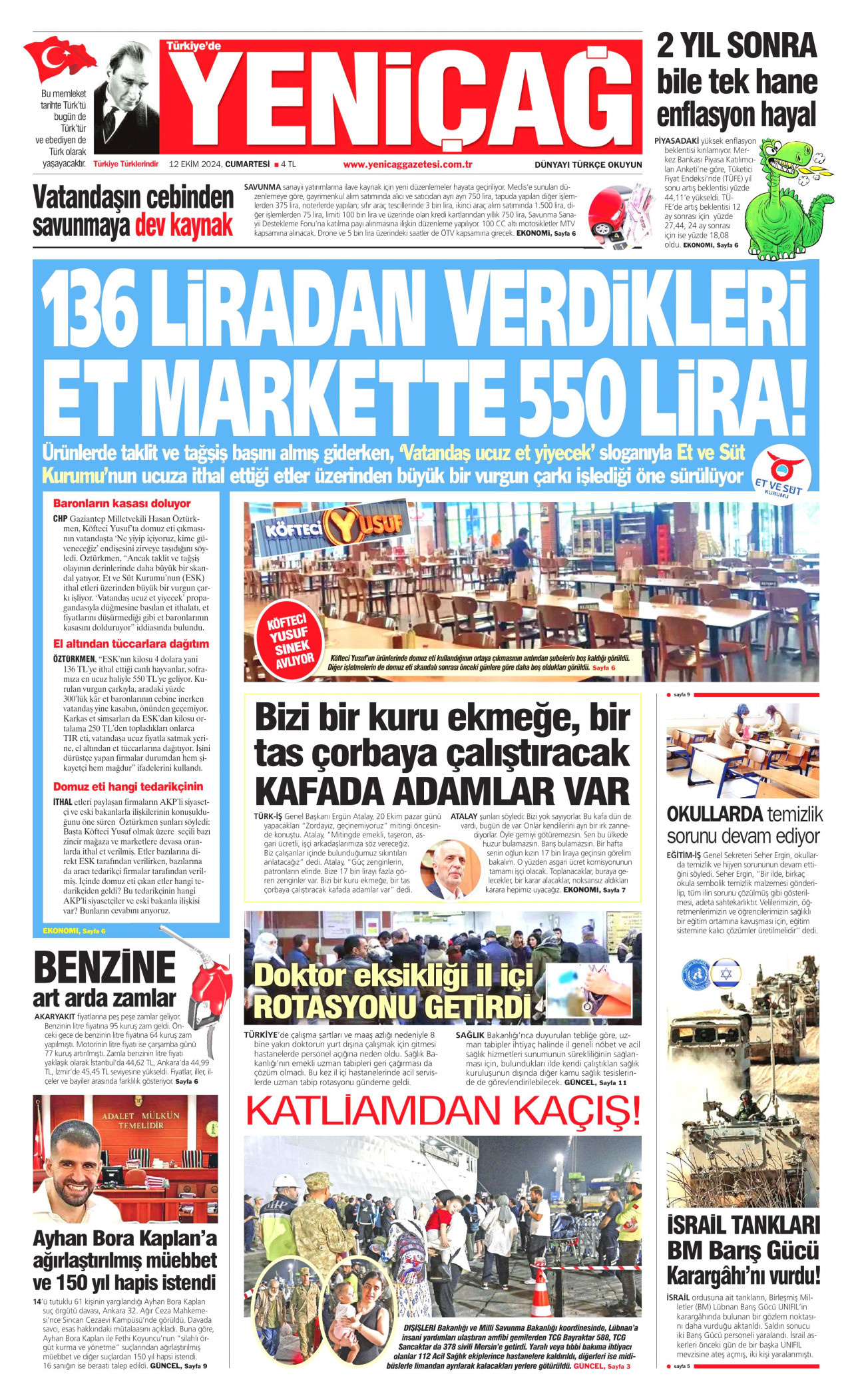 YENİÇAĞ gazetesinin 12 Ekim 2024 tarihli birinci sayfası