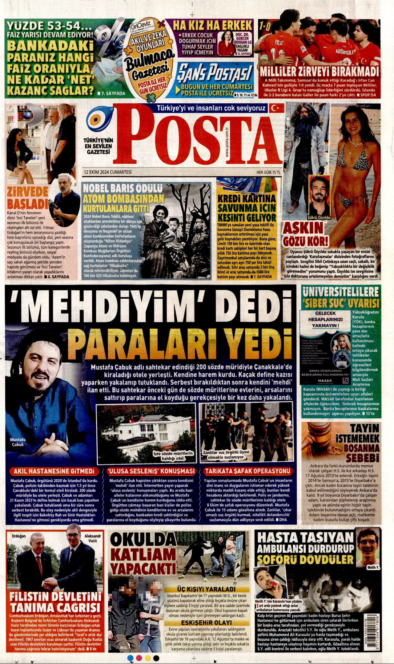 POSTA gazetesinin 12 Ekim 2024 tarihli birinci sayfası