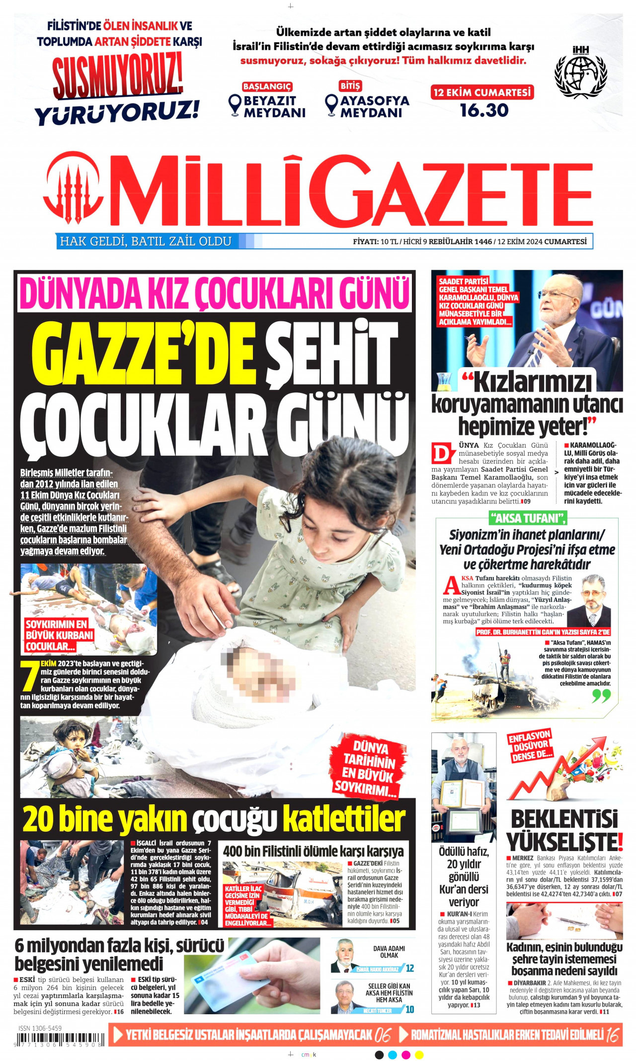 MİLLİ GAZETE gazetesinin 12 Ekim 2024 tarihli birinci sayfası