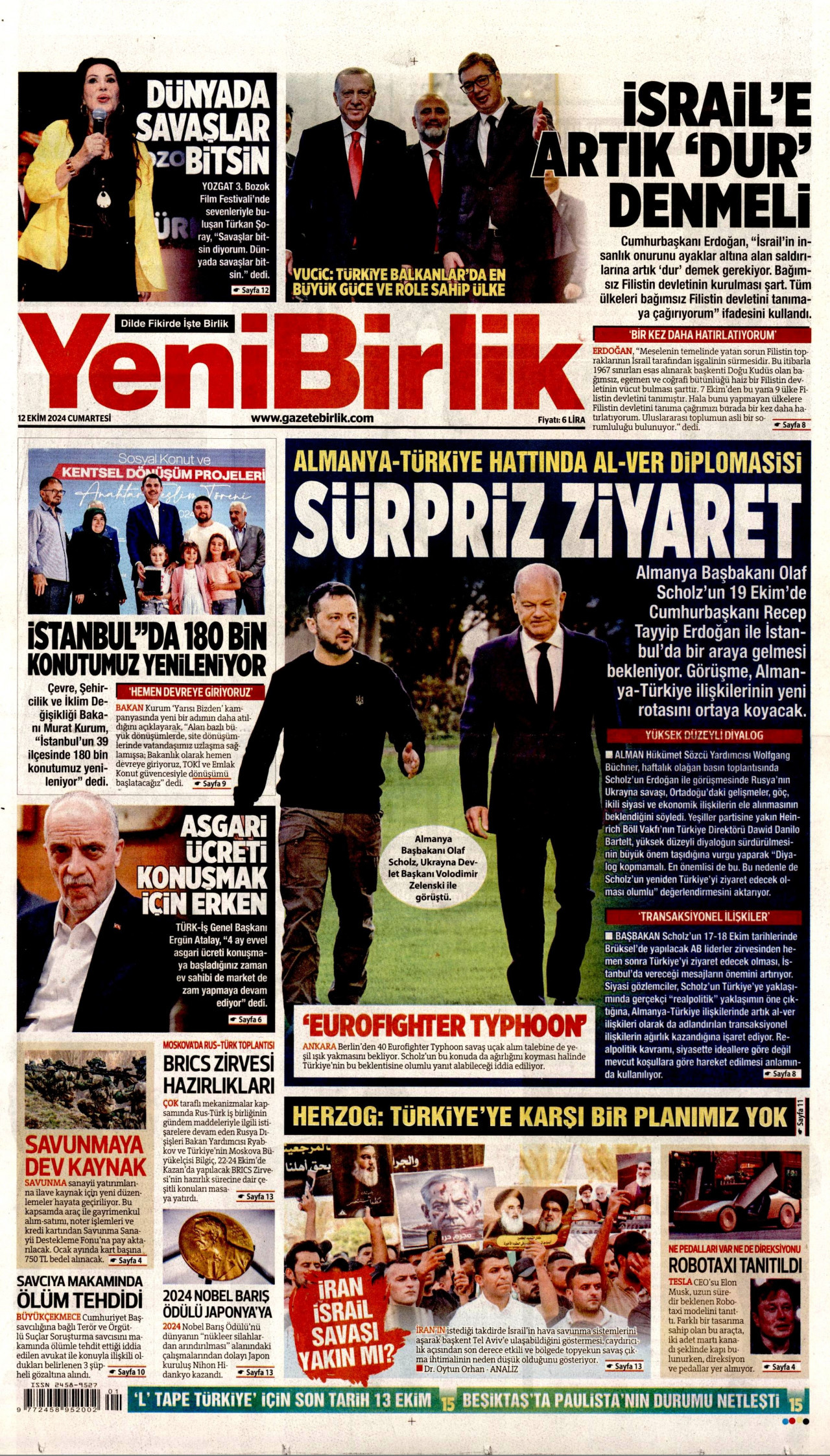 YENİBİRLİK gazetesinin 12 Ekim 2024 tarihli birinci sayfası
