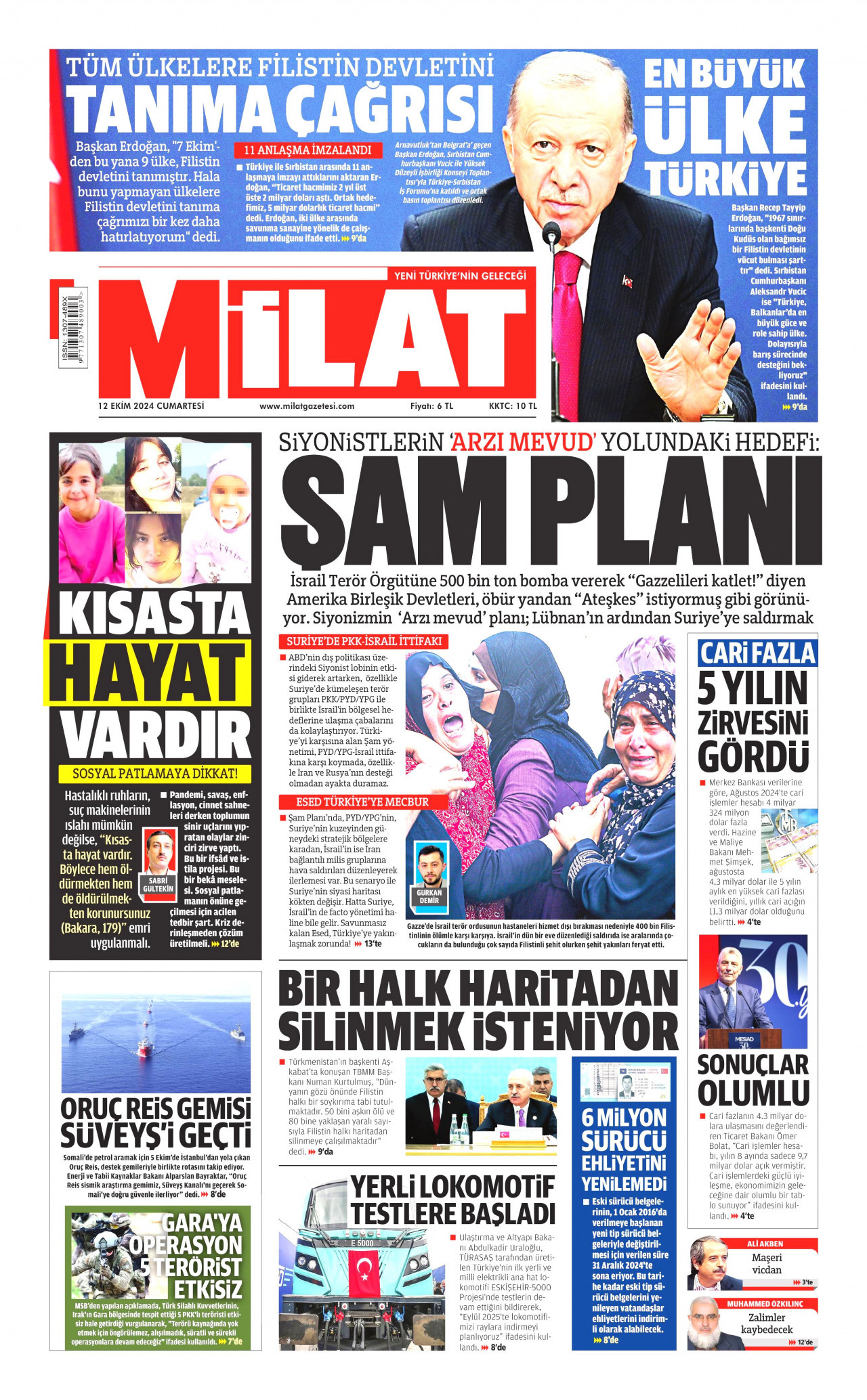 MİLAT gazetesinin 12 Ekim 2024 tarihli birinci sayfası