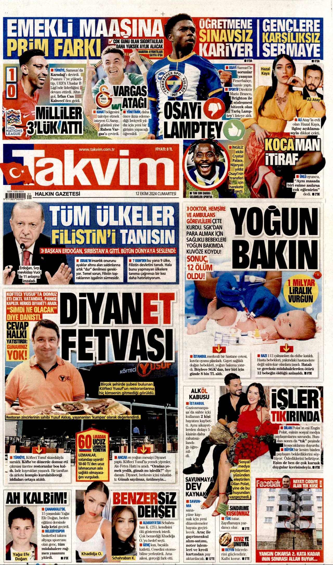 TAKVİM gazetesinin 12 Ekim 2024 tarihli birinci sayfası