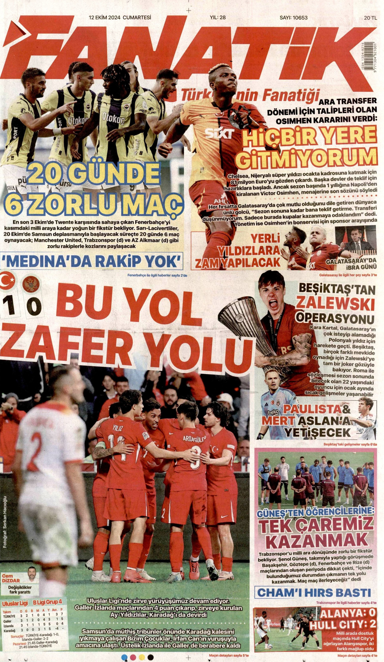 FANATİK gazetesinin 12 Ekim 2024 tarihli birinci sayfası