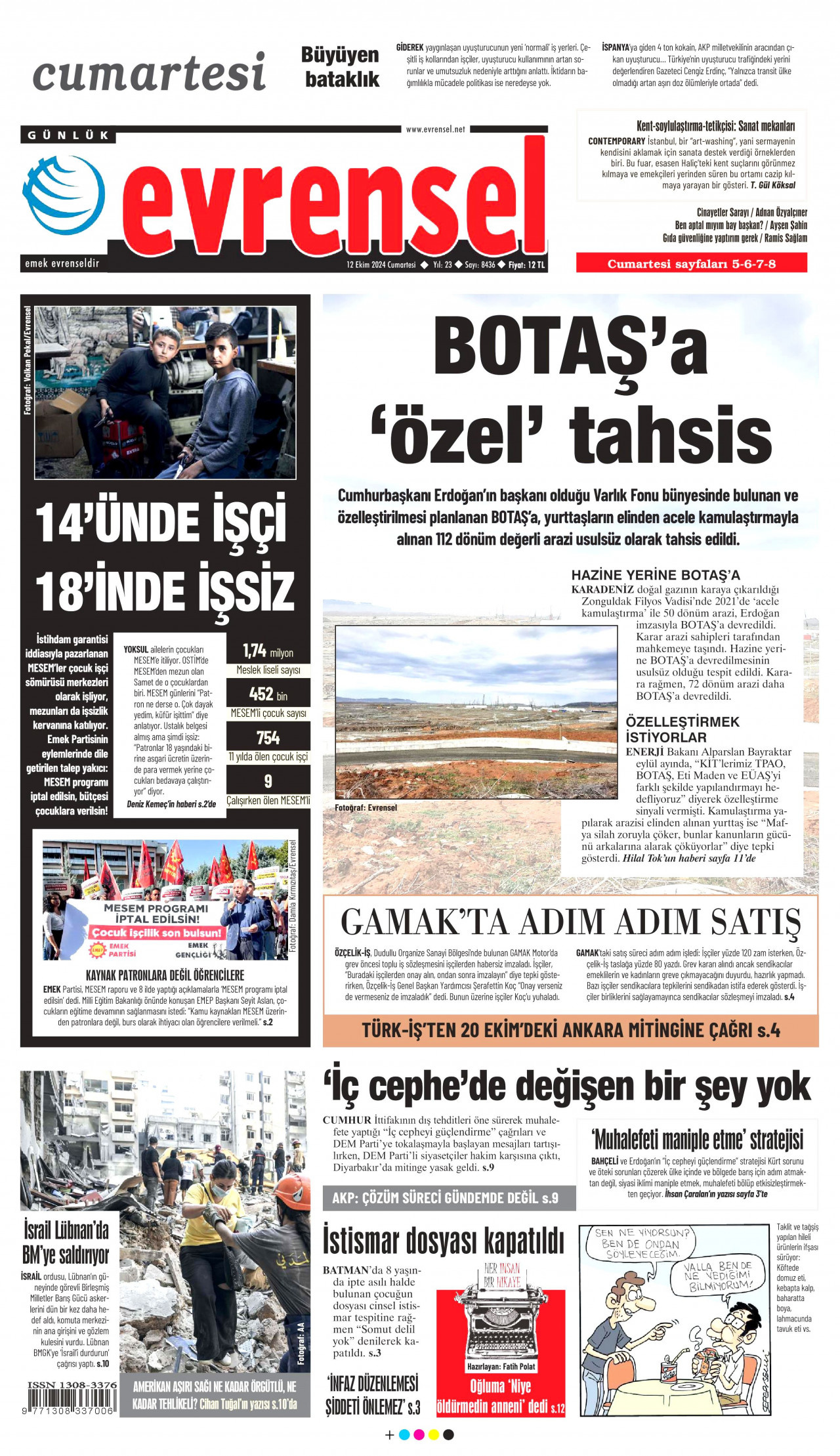 EVRENSEL gazetesinin 12 Ekim 2024 tarihli birinci sayfası