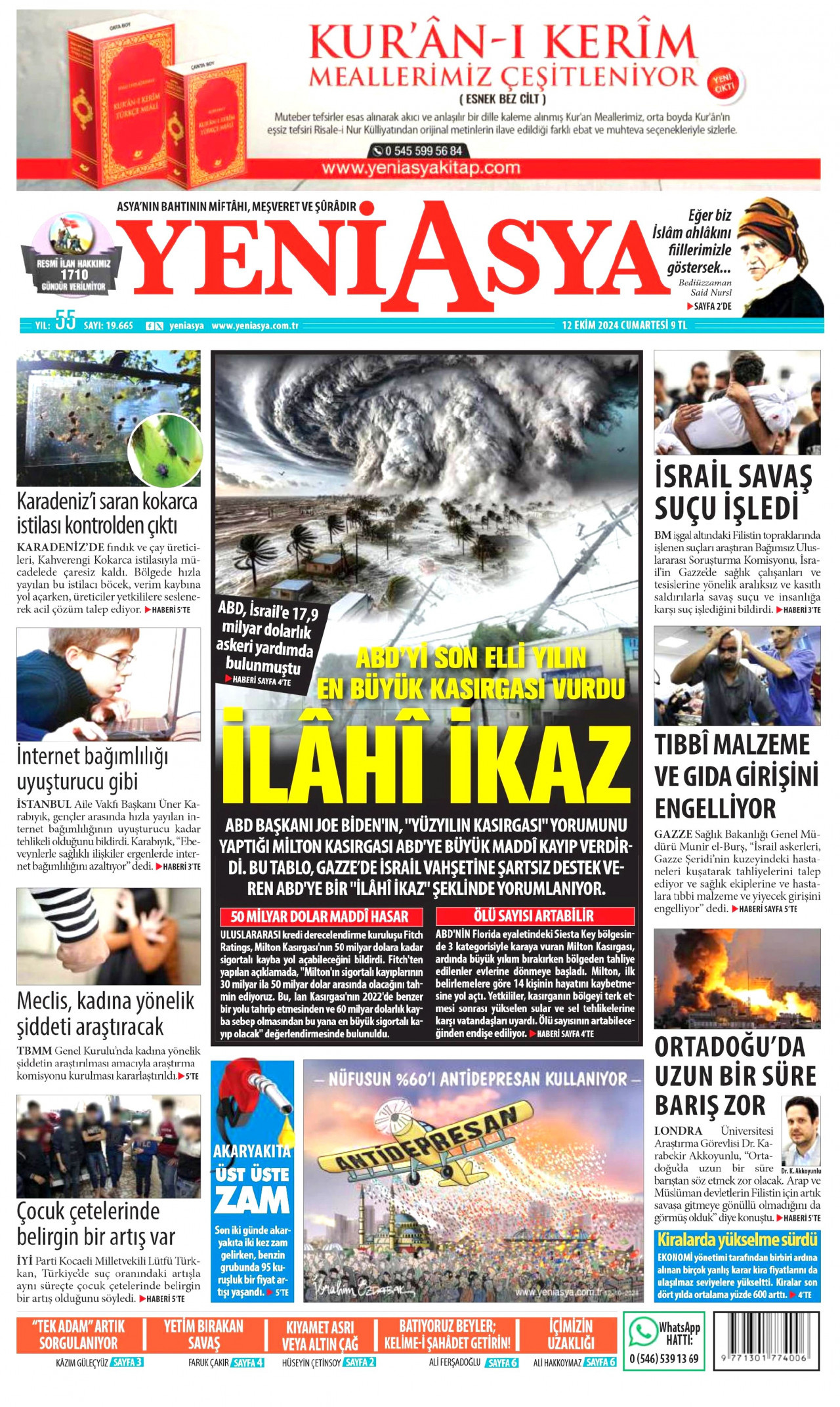 YENİ ASYA gazetesinin 12 Ekim 2024 tarihli birinci sayfası