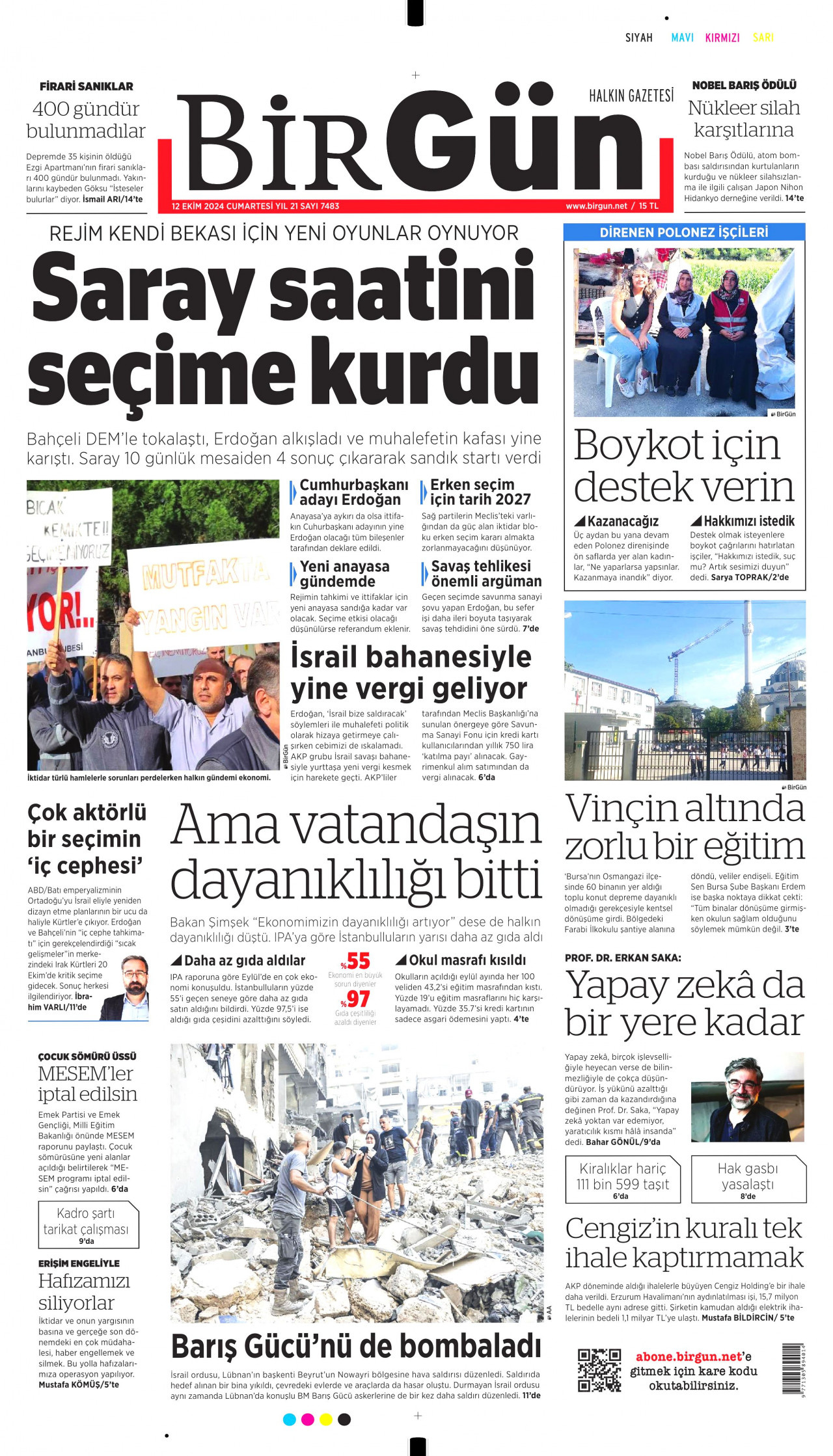 BİRGÜN gazetesinin 12 Ekim 2024 tarihli birinci sayfası