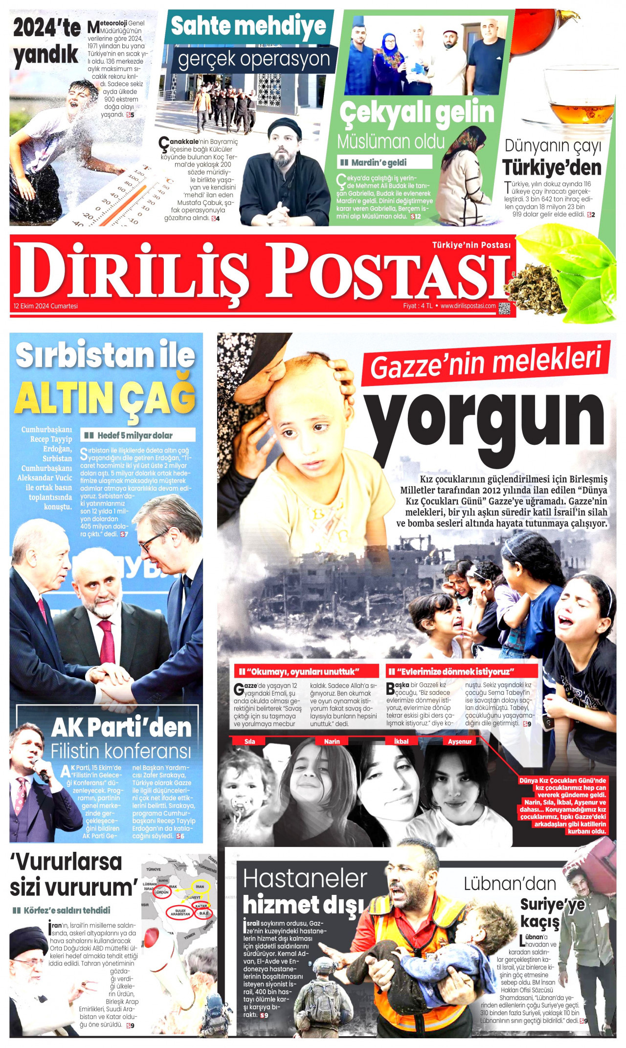 DİRİLİŞ POSTASI gazetesinin 12 Ekim 2024 tarihli birinci sayfası