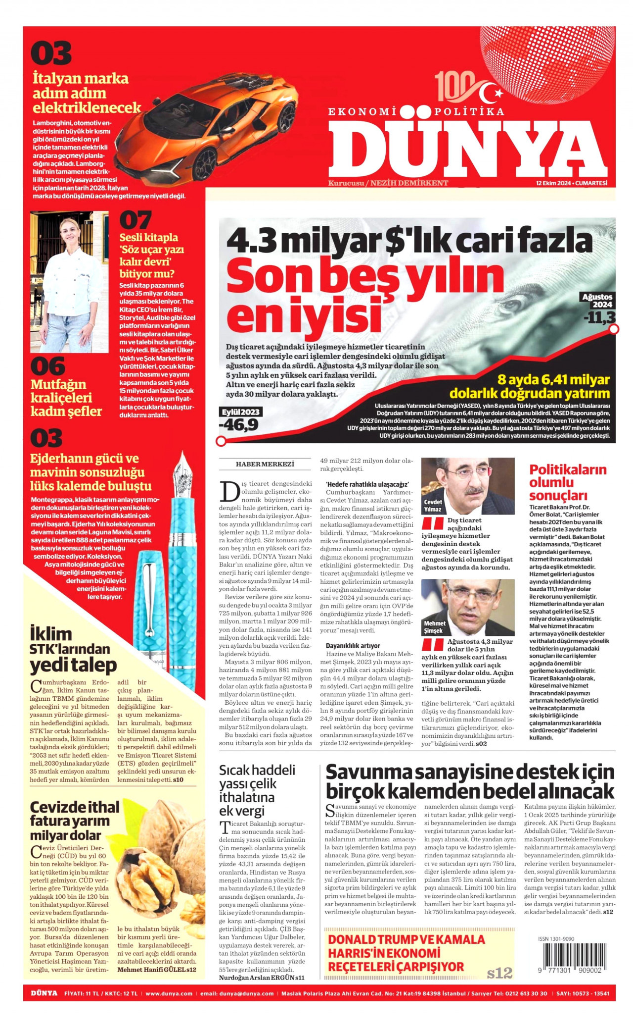 DÜNYA gazetesinin 12 Ekim 2024 tarihli birinci sayfası
