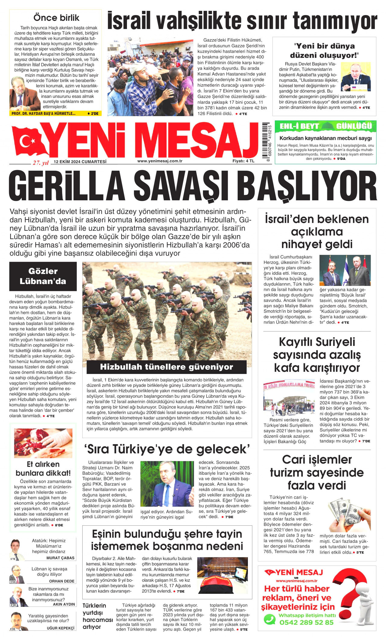 YENİ MESAJ gazetesinin 12 Ekim 2024 tarihli birinci sayfası