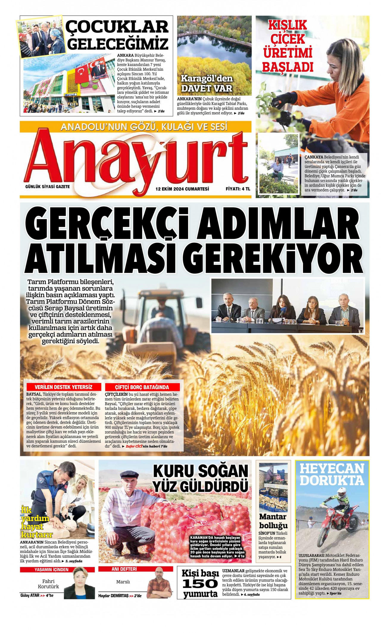 ANAYURT gazetesinin 12 Ekim 2024 tarihli birinci sayfası
