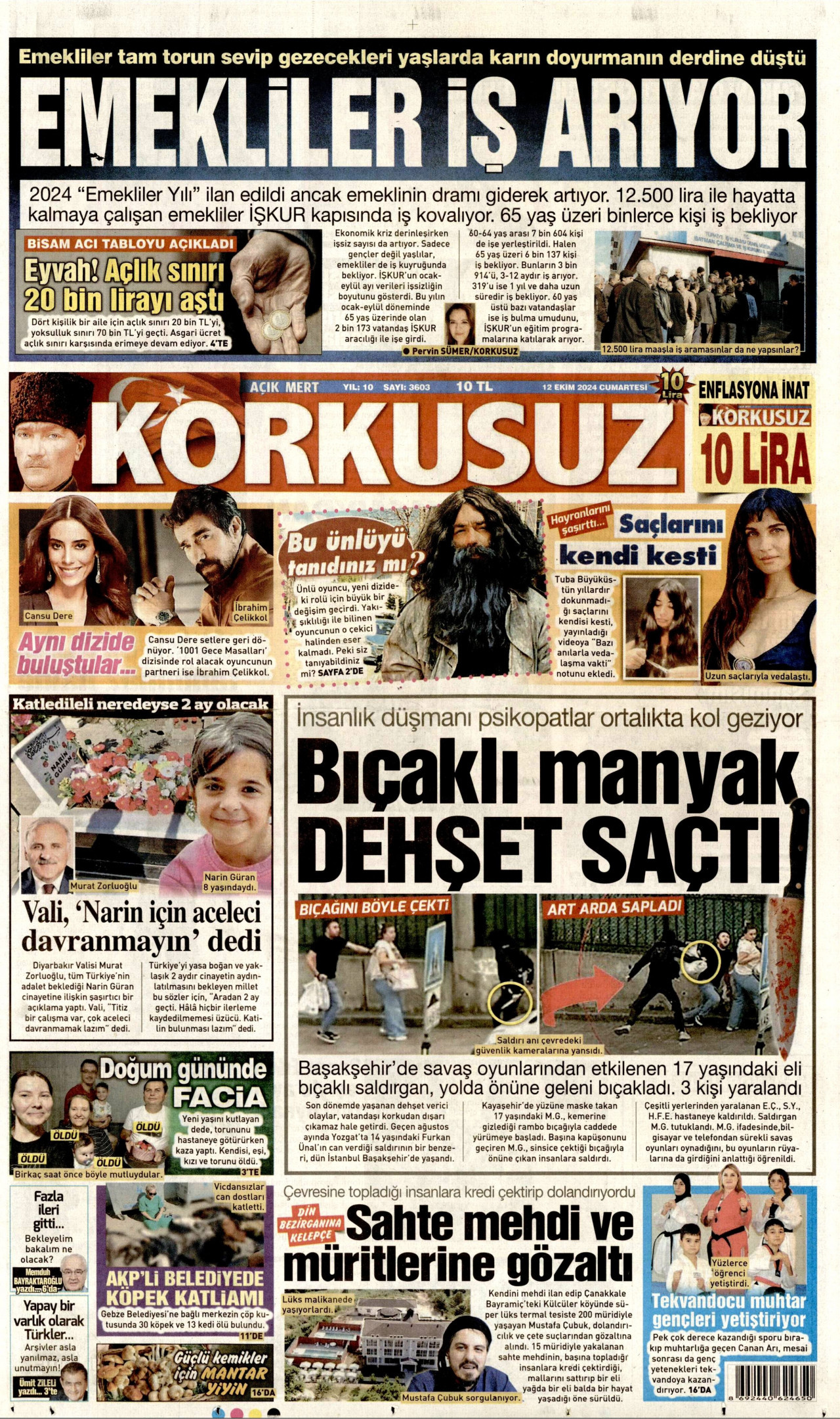 KORKUSUZ gazetesinin 12 Ekim 2024 tarihli birinci sayfası