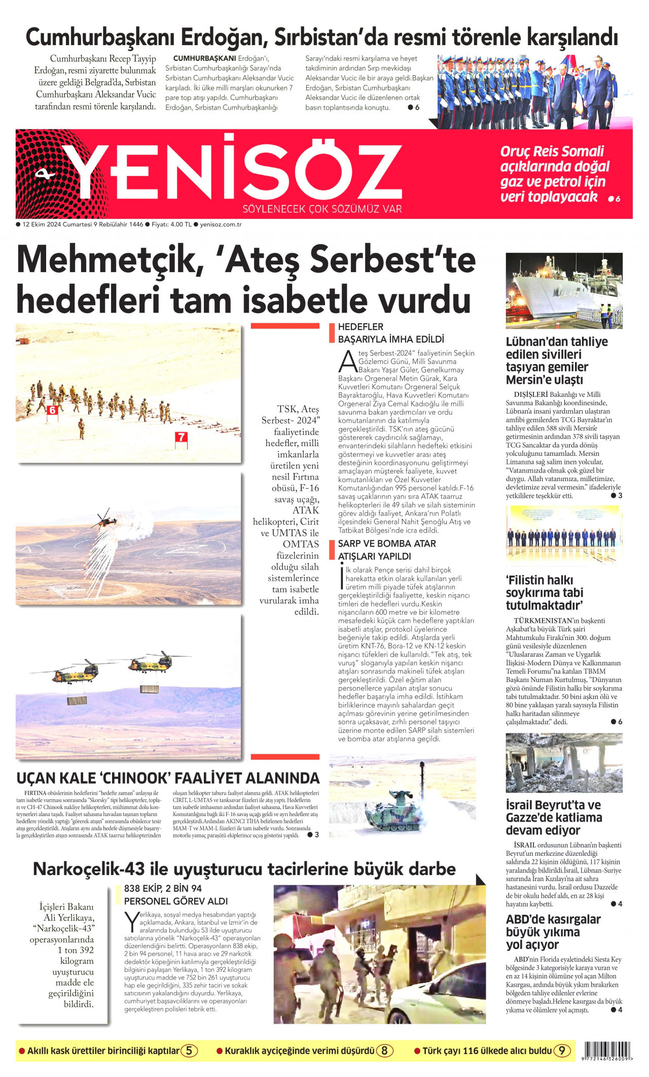 YENİ SÖZ GAZETESİ gazetesinin 12 Ekim 2024 tarihli birinci sayfası