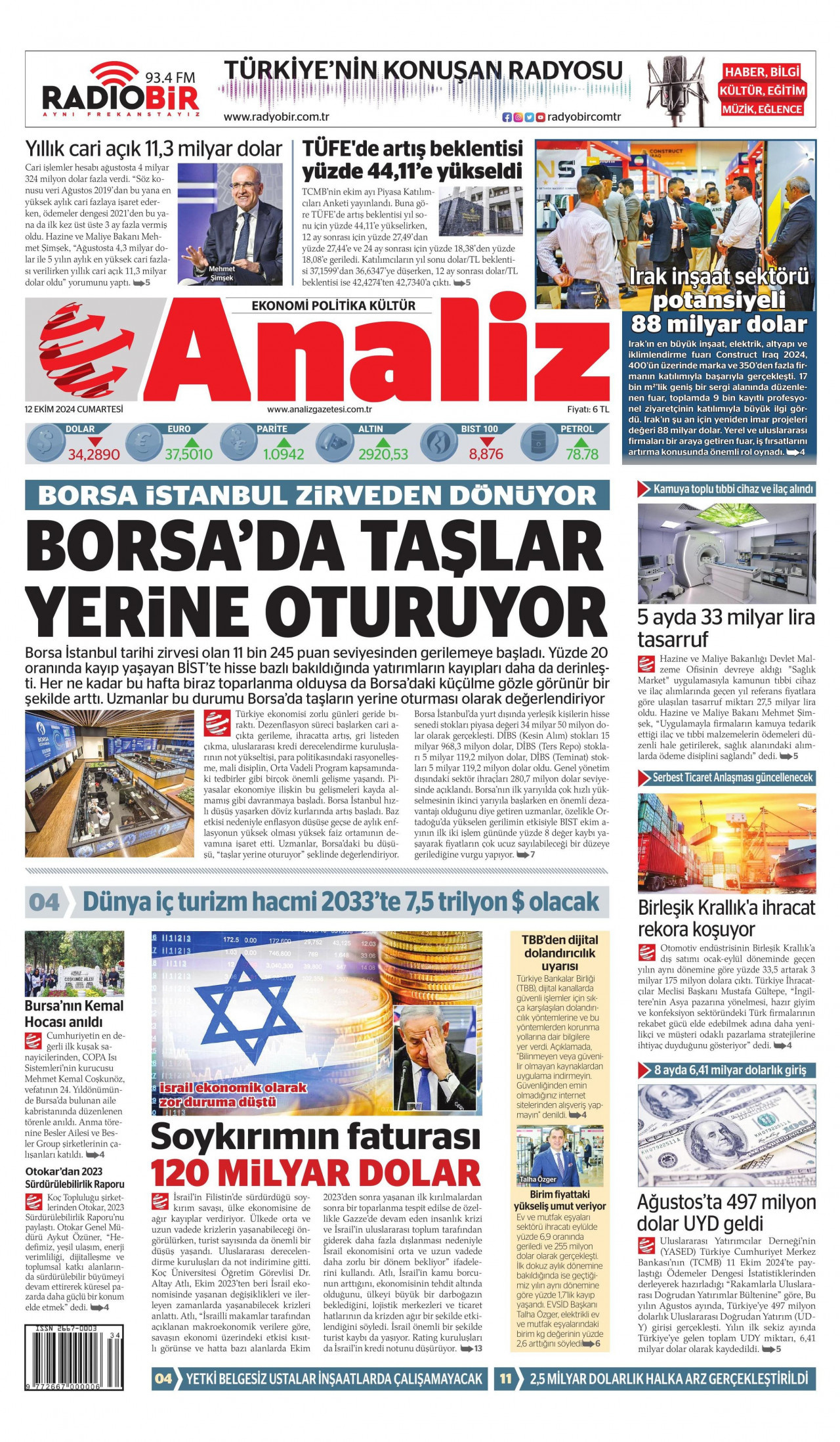 ANALİZ gazetesinin 12 Ekim 2024 tarihli birinci sayfası