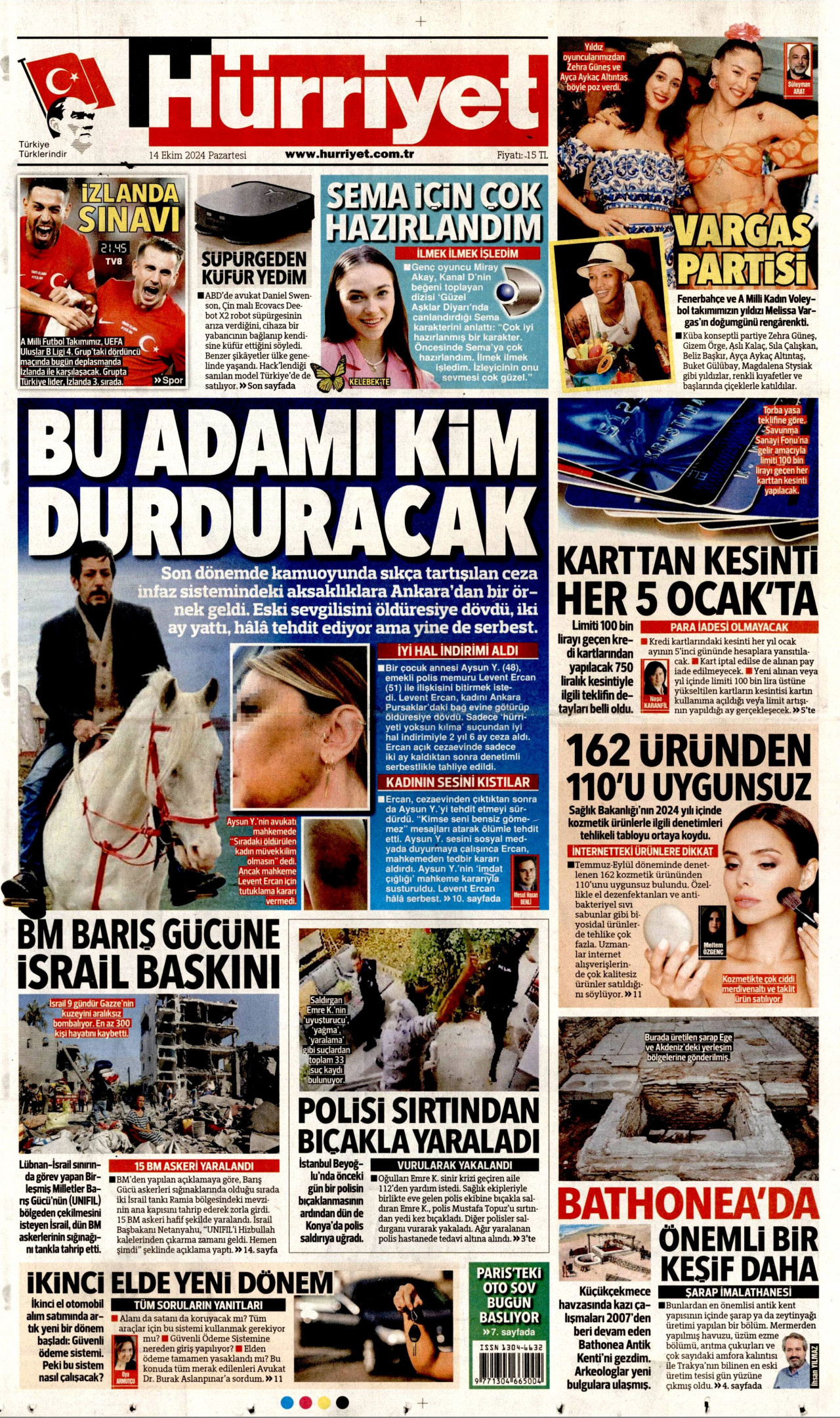HÜRRİYET gazetesinin 14 Ekim 2024 tarihli birinci sayfası