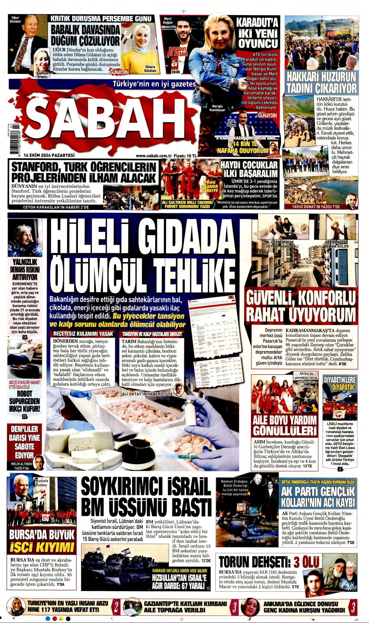 SABAH gazetesinin 14 Ekim 2024 tarihli birinci sayfası