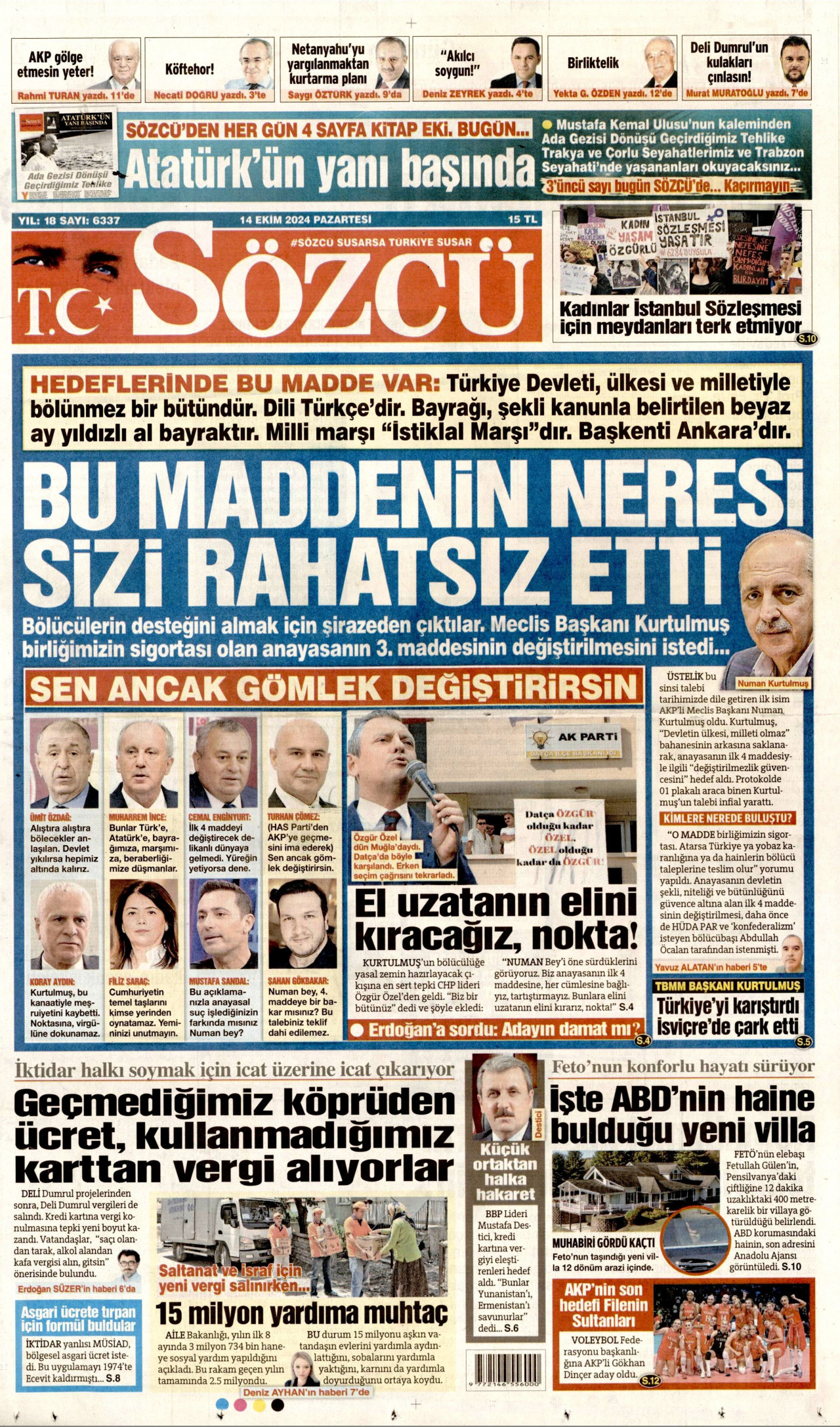 SÖZCÜ gazetesinin 14 Ekim 2024 tarihli birinci sayfası