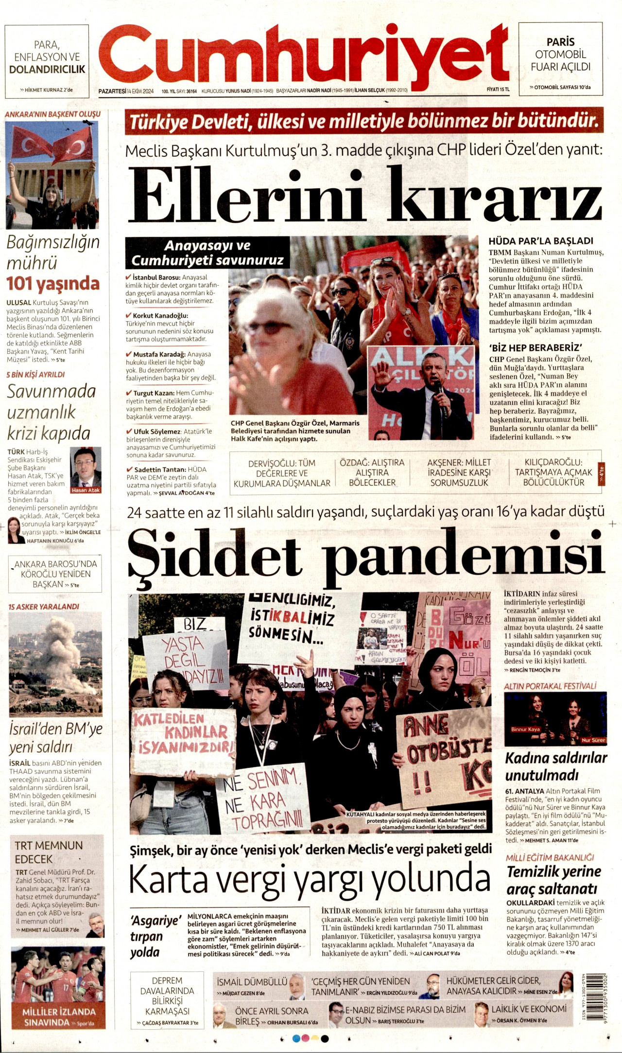 CUMHURİYET gazetesinin 14 Ekim 2024 tarihli birinci sayfası