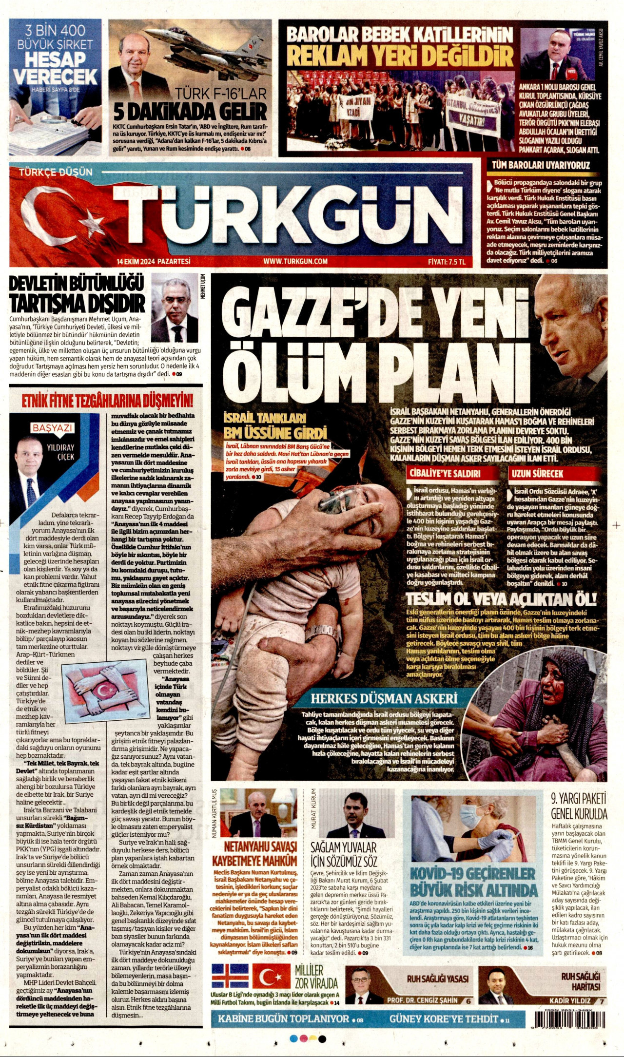 TÜRKGÜN gazetesinin 14 Ekim 2024 tarihli birinci sayfası