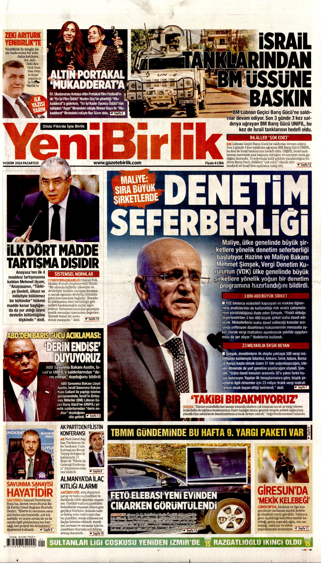 YENİBİRLİK gazetesinin 14 Ekim 2024 tarihli birinci sayfası