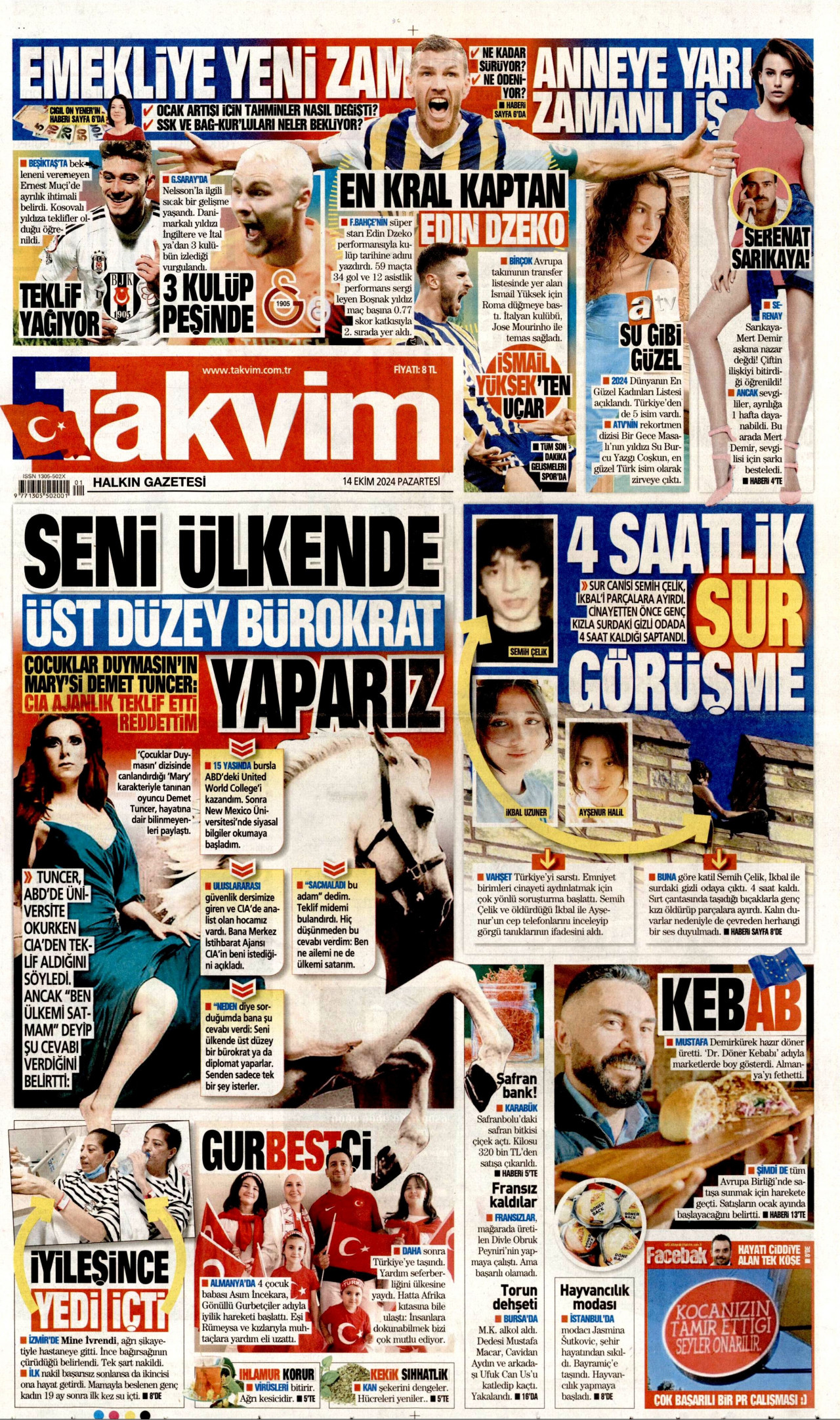 TAKVİM gazetesinin 14 Ekim 2024 tarihli birinci sayfası