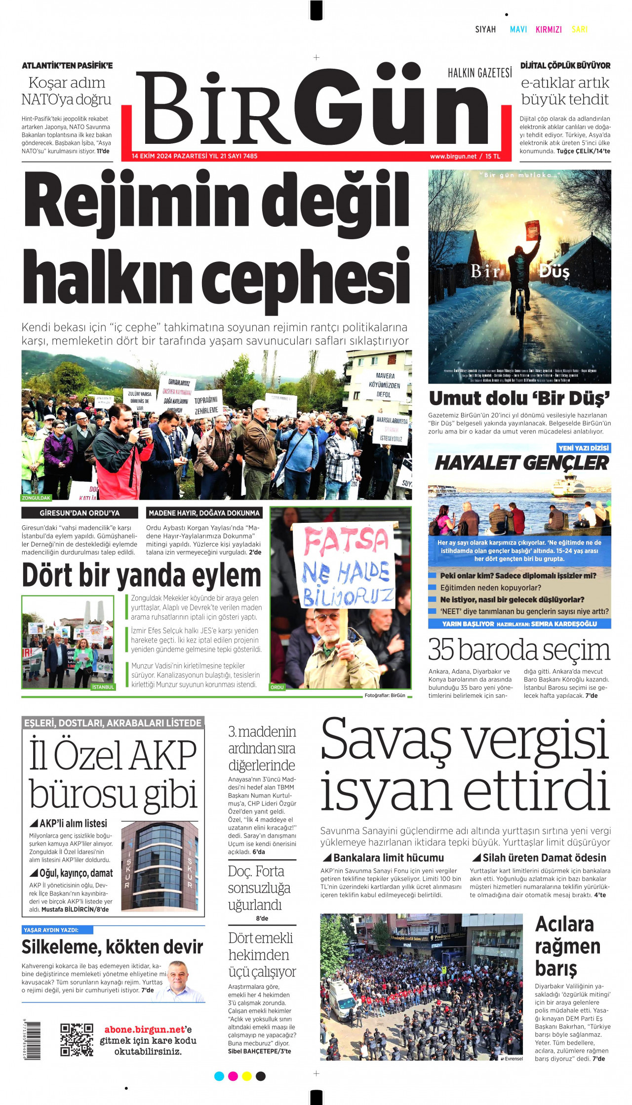 BİRGÜN gazetesinin 14 Ekim 2024 tarihli birinci sayfası
