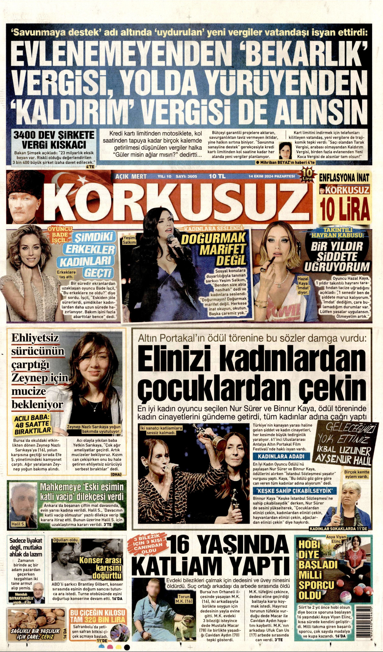 KORKUSUZ gazetesinin 14 Ekim 2024 tarihli birinci sayfası