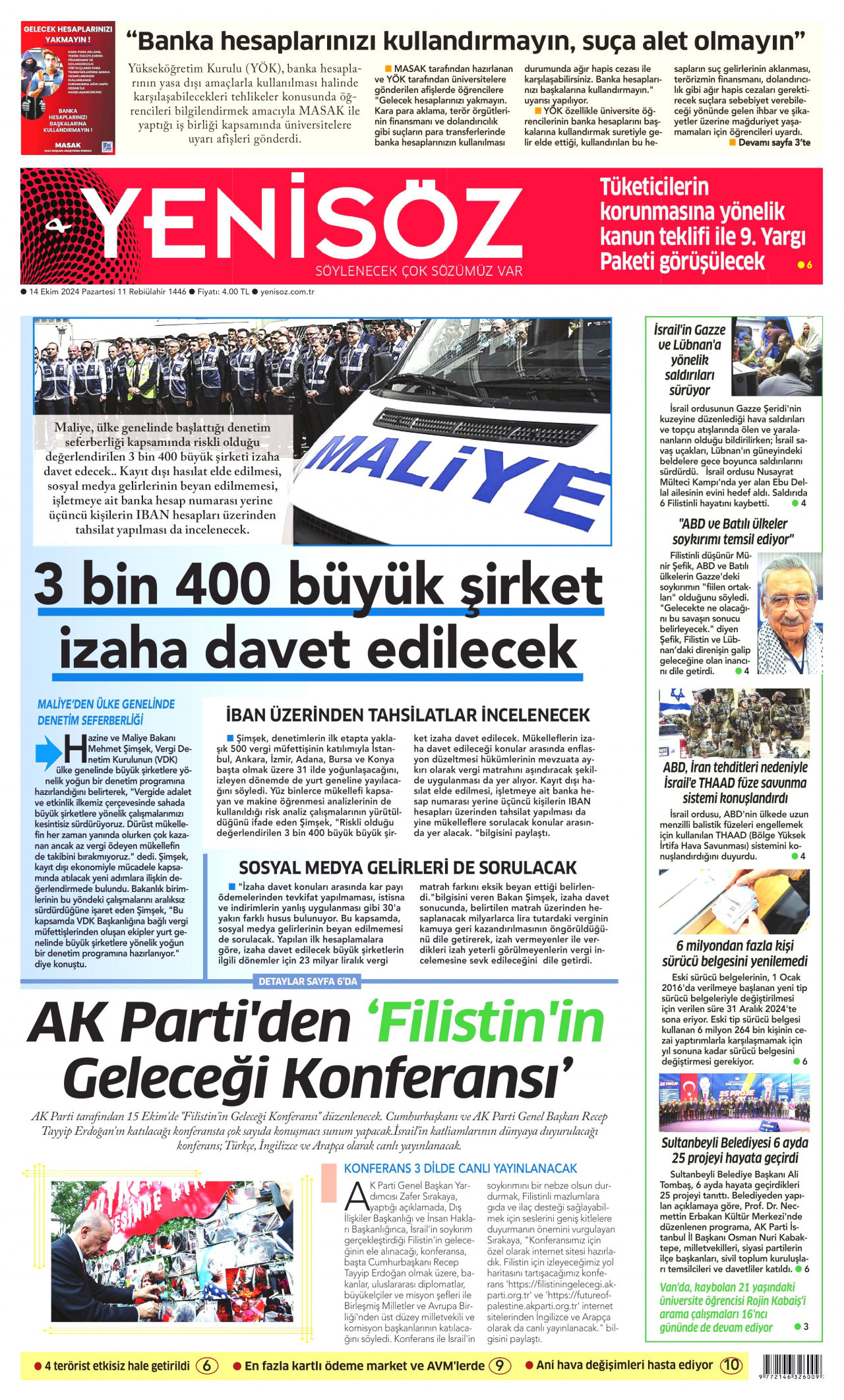 YENİ SÖZ GAZETESİ gazetesinin 14 Ekim 2024 tarihli birinci sayfası