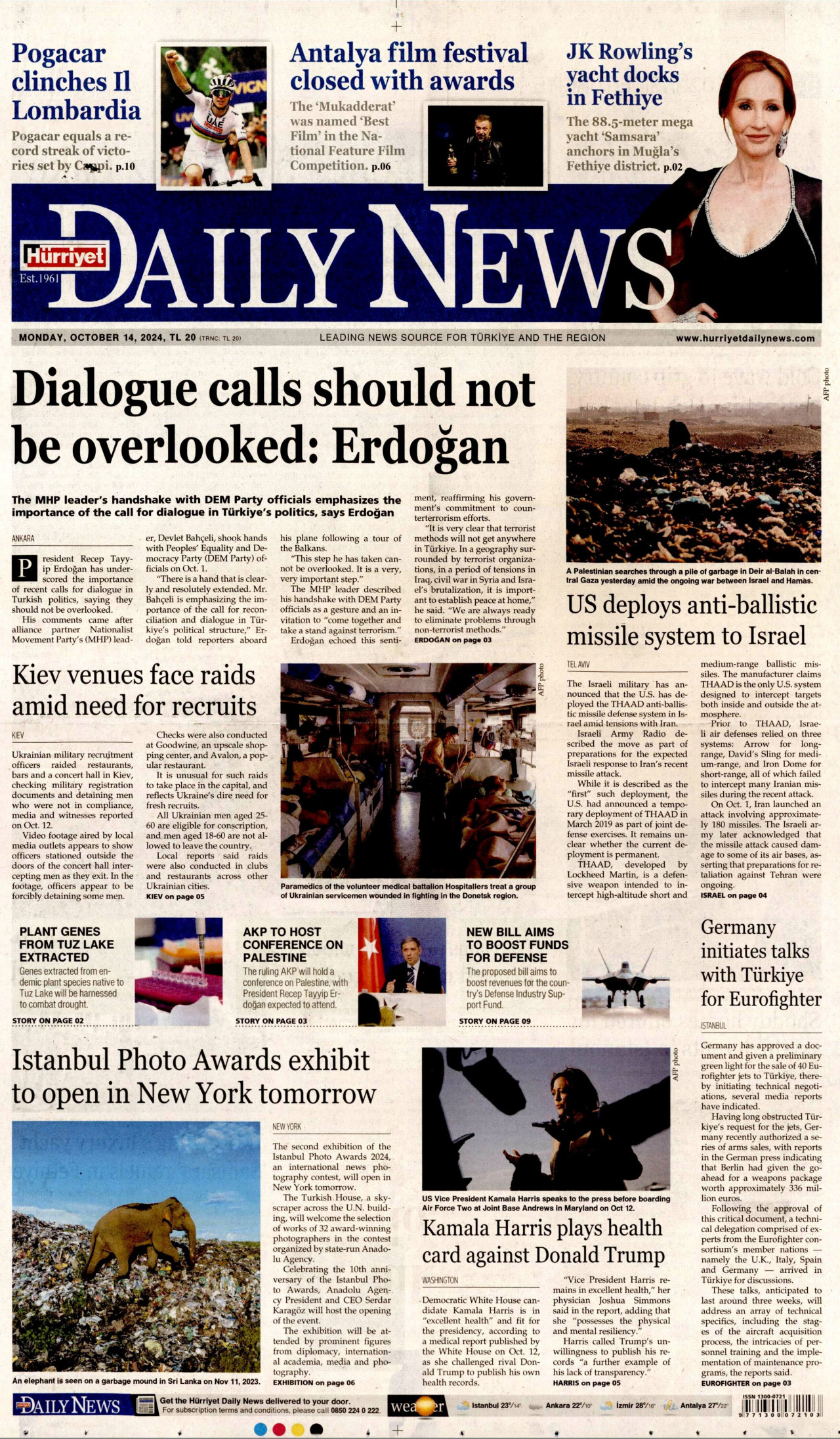 HÜRRİYET DAİLY NEWS gazetesinin 14 Ekim 2024 tarihli birinci sayfası