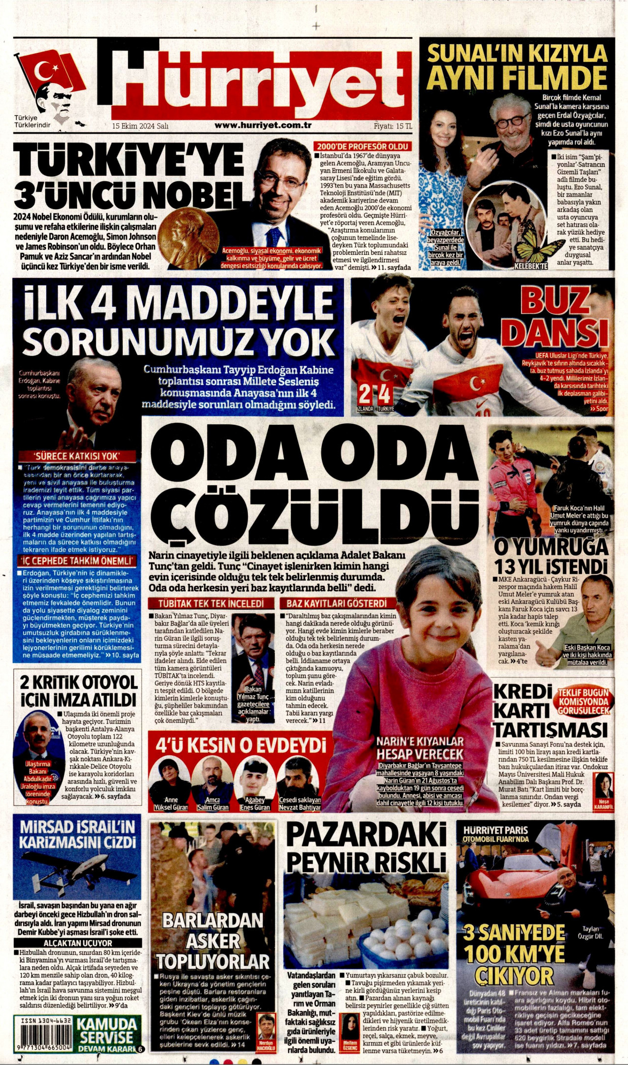 HÜRRİYET gazetesinin 15 Ekim 2024 tarihli birinci sayfası