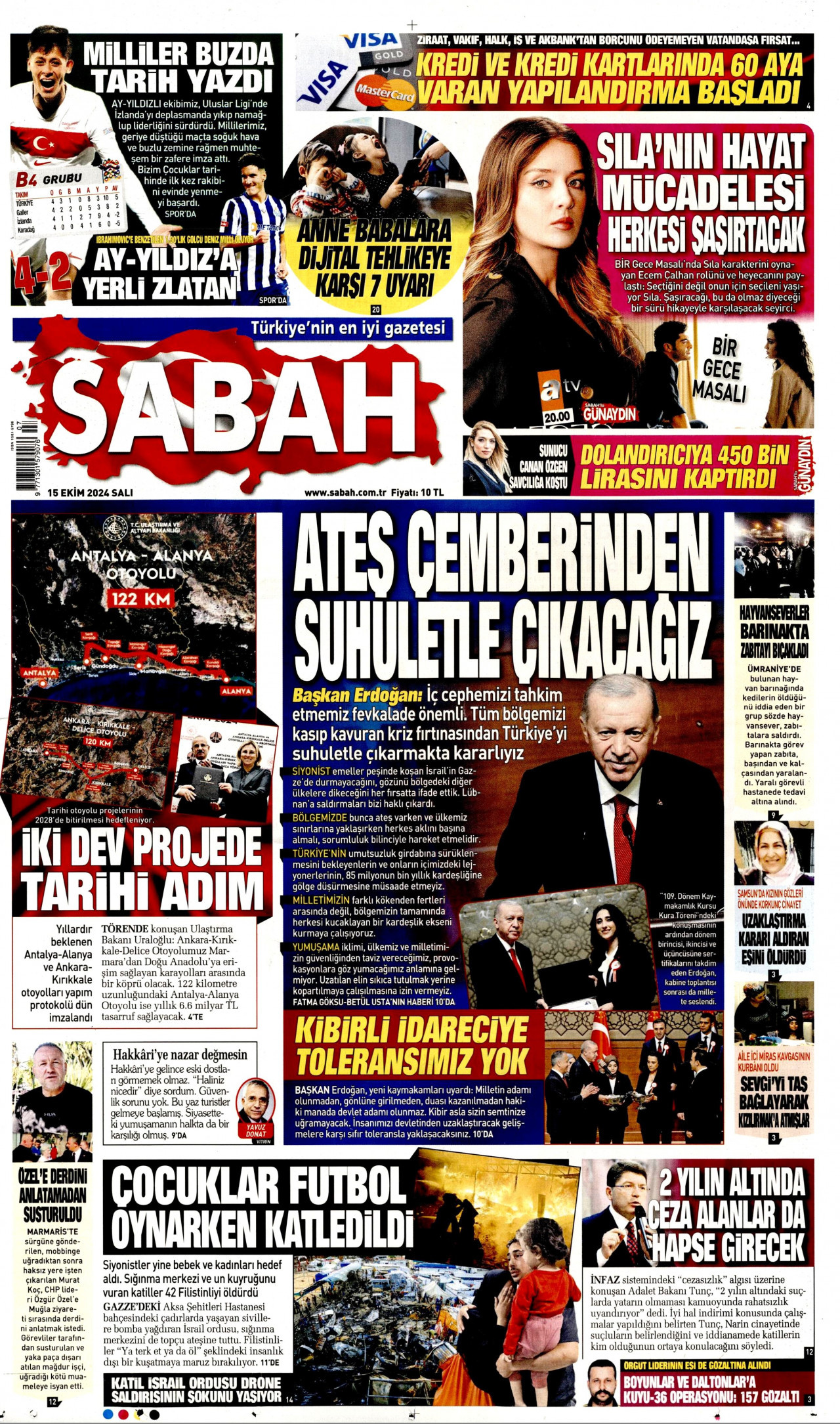 SABAH gazetesinin 15 Ekim 2024 tarihli birinci sayfası