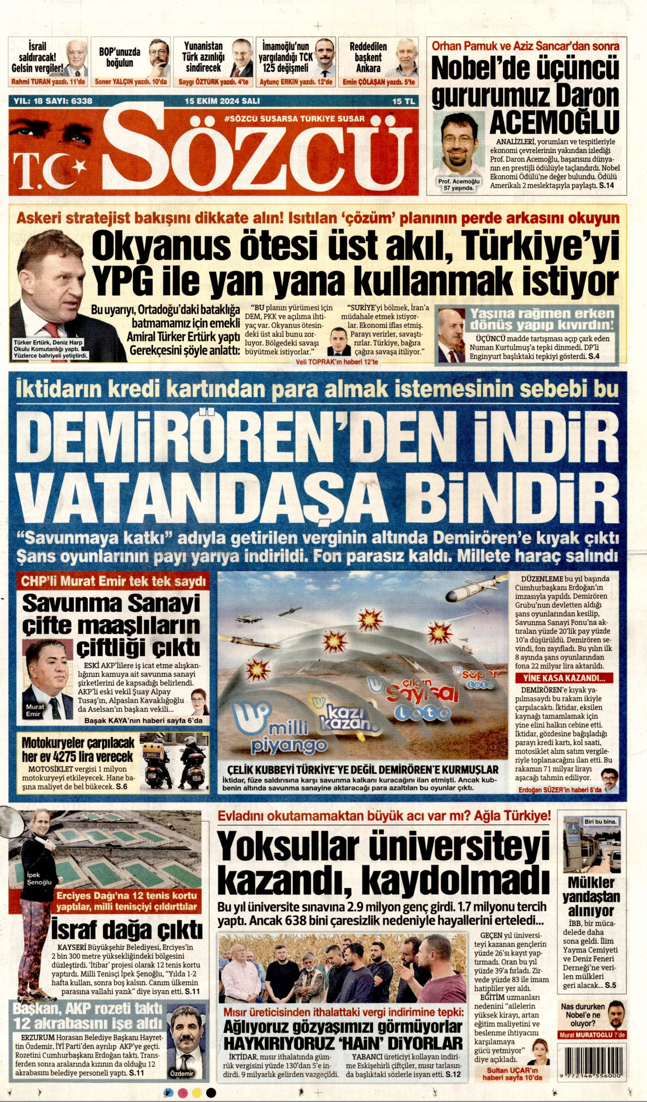 SÖZCÜ gazetesinin 15 Ekim 2024 tarihli birinci sayfası