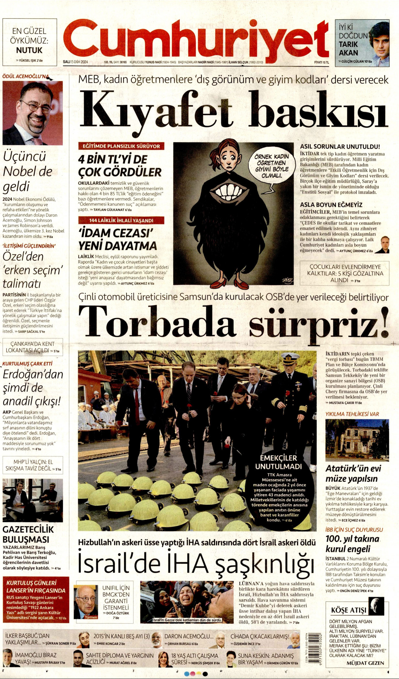 CUMHURİYET gazetesinin 15 Ekim 2024 tarihli birinci sayfası