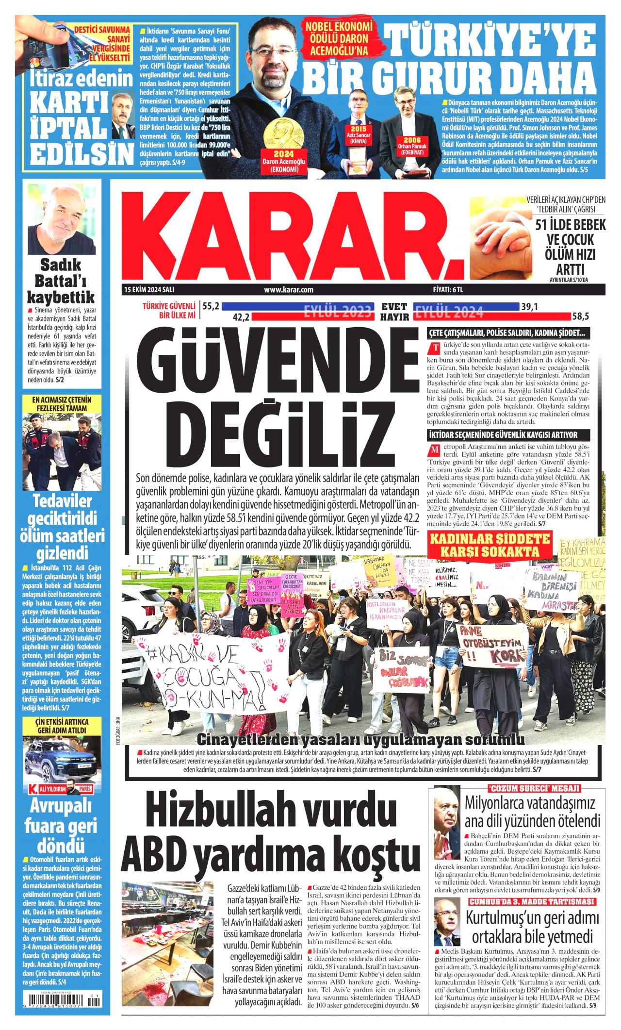 KARAR gazetesinin 15 Ekim 2024 tarihli birinci sayfası