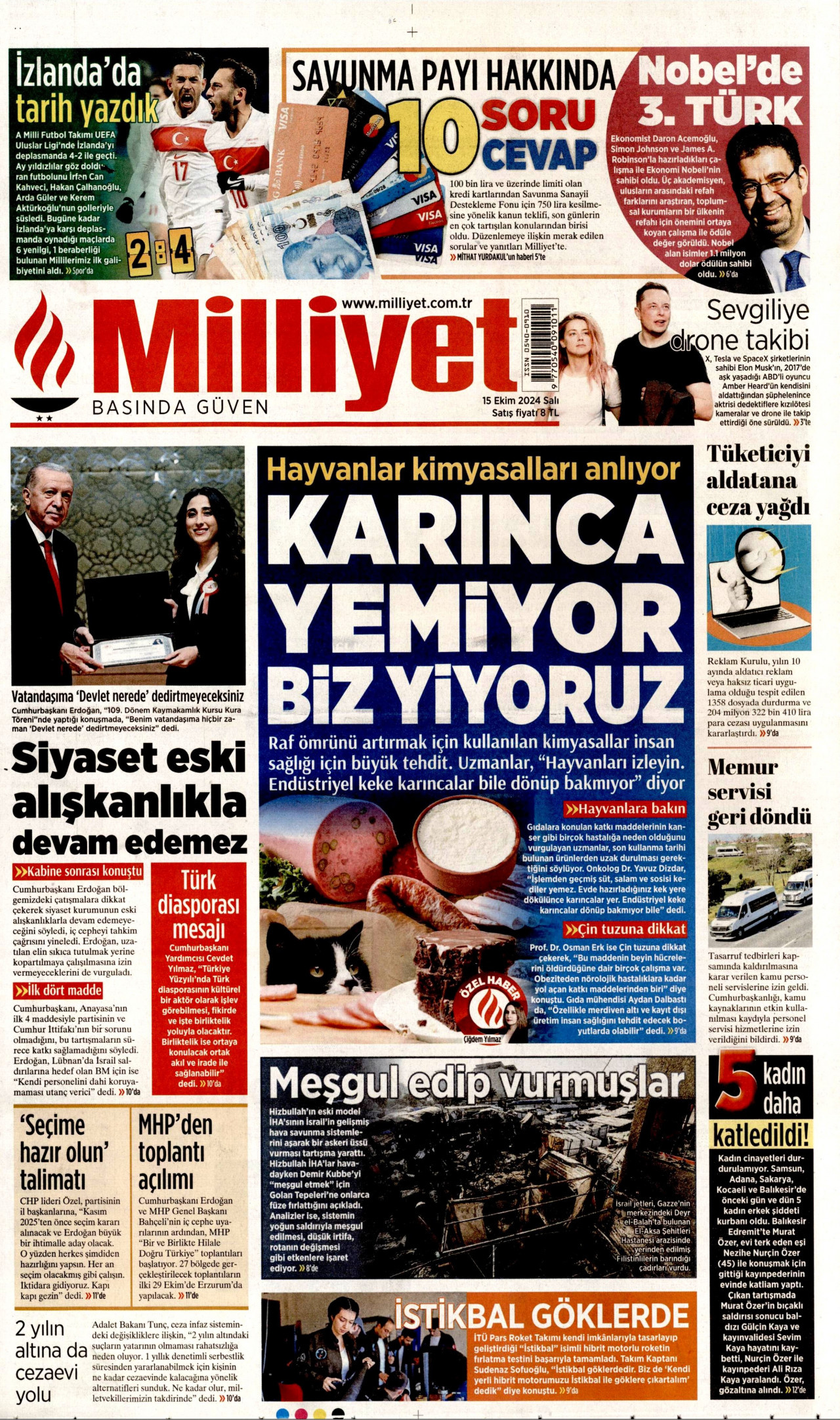 MİLLİYET gazetesinin 15 Ekim 2024 tarihli birinci sayfası