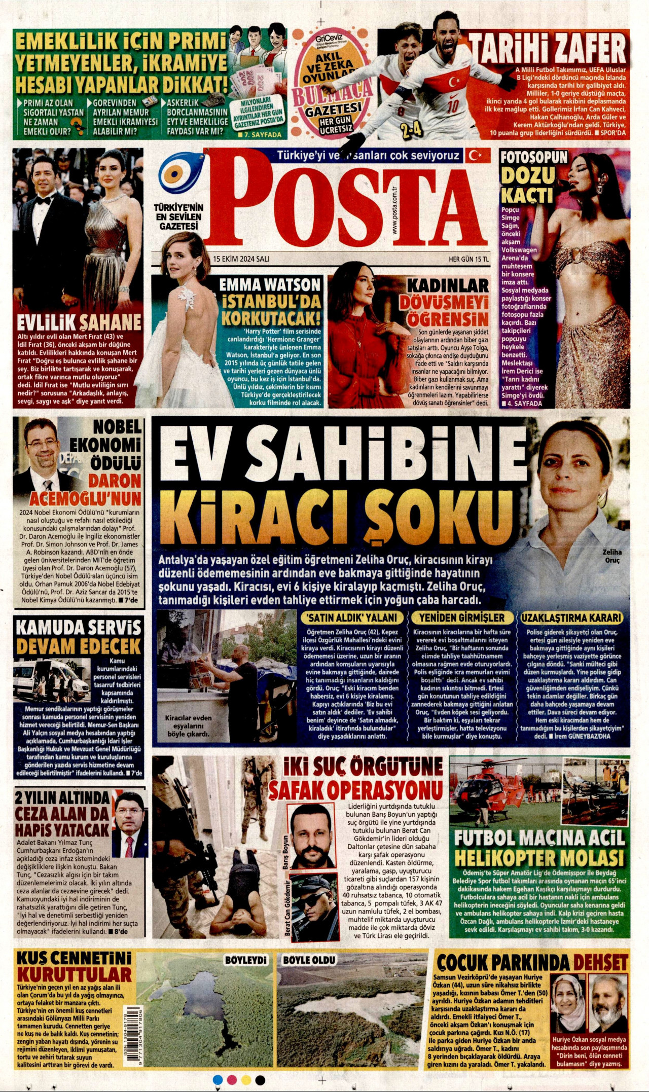 POSTA gazetesinin 15 Ekim 2024 tarihli birinci sayfası