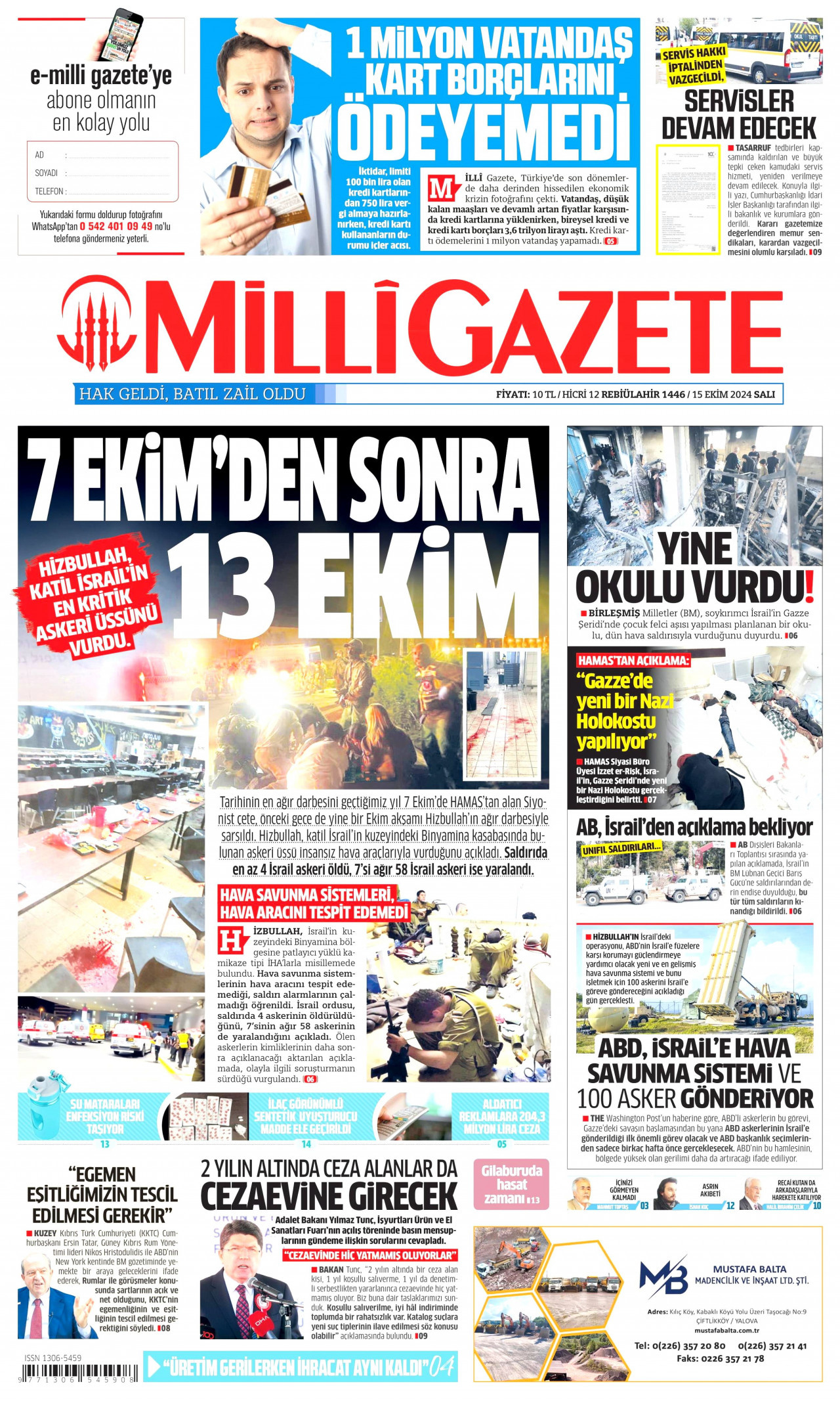 MİLLİ GAZETE gazetesinin 15 Ekim 2024 tarihli birinci sayfası
