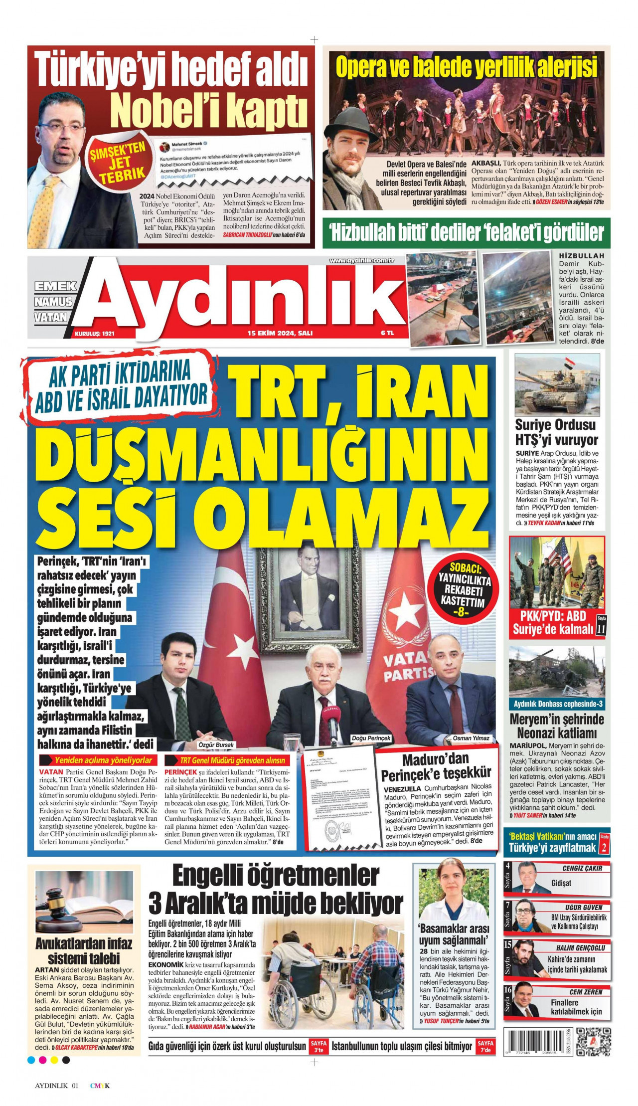 AYDINLIK GAZETESİ gazetesinin 15 Ekim 2024 tarihli birinci sayfası