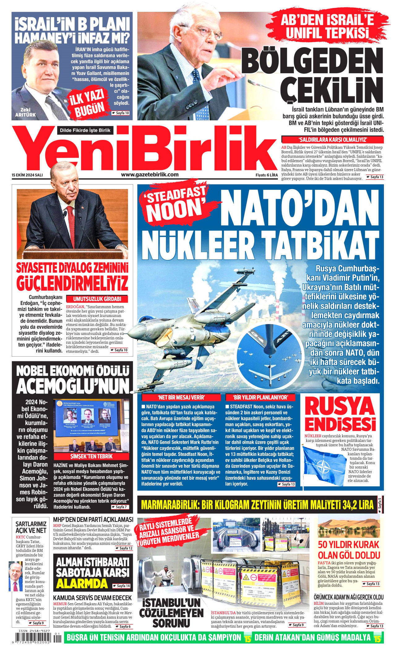 YENİBİRLİK gazetesinin 15 Ekim 2024 tarihli birinci sayfası