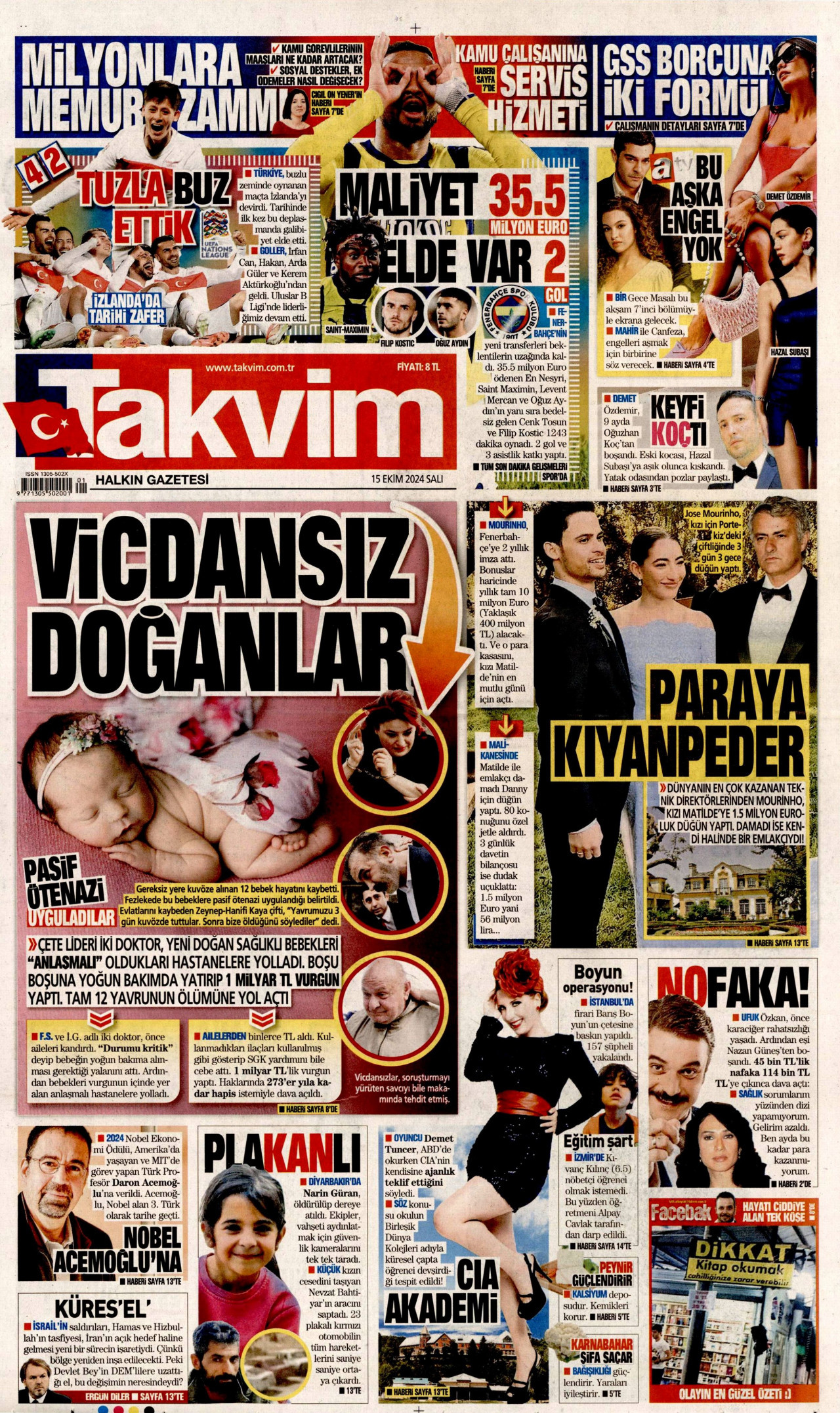 TAKVİM gazetesinin 15 Ekim 2024 tarihli birinci sayfası