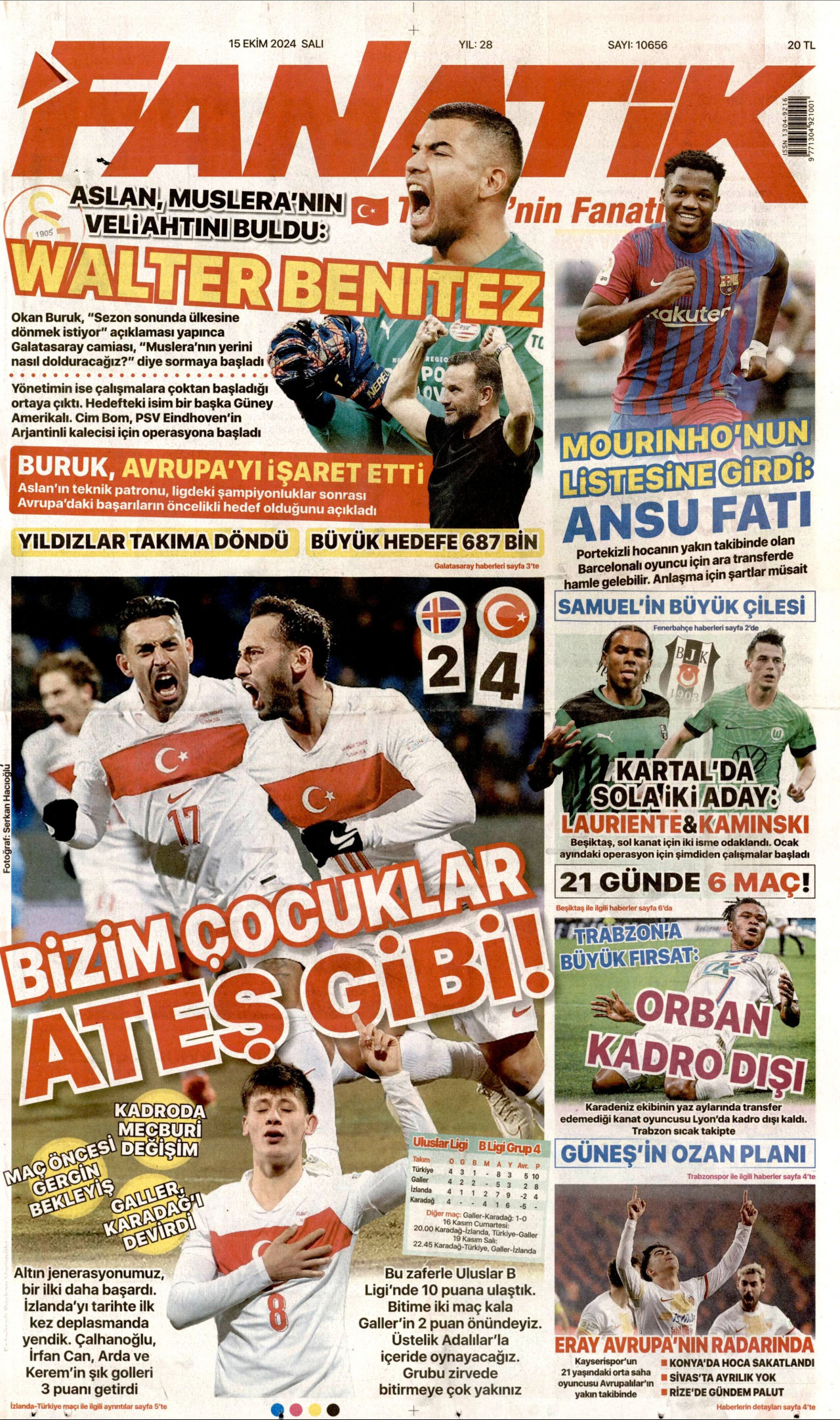FANATİK gazetesinin 15 Ekim 2024 tarihli birinci sayfası