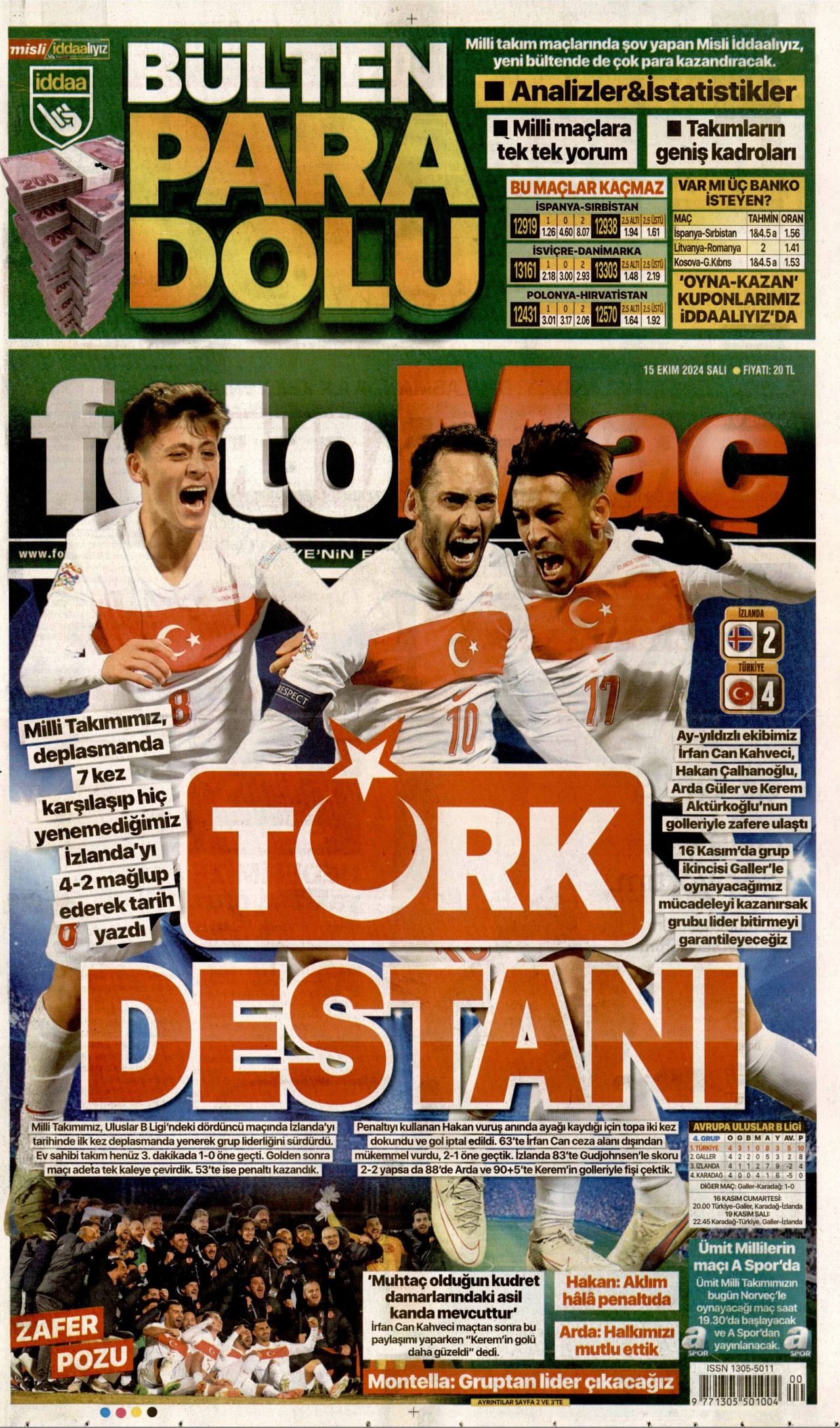 FOTOMAÇ gazetesinin 15 Ekim 2024 tarihli birinci sayfası