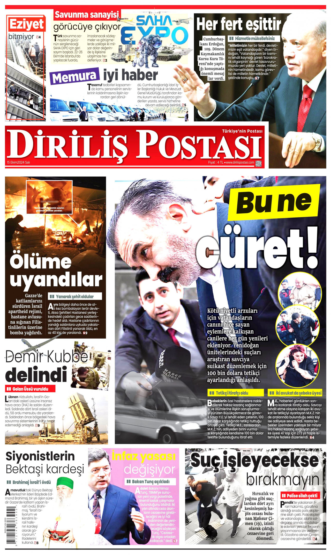 DİRİLİŞ POSTASI gazetesinin 15 Ekim 2024 tarihli birinci sayfası