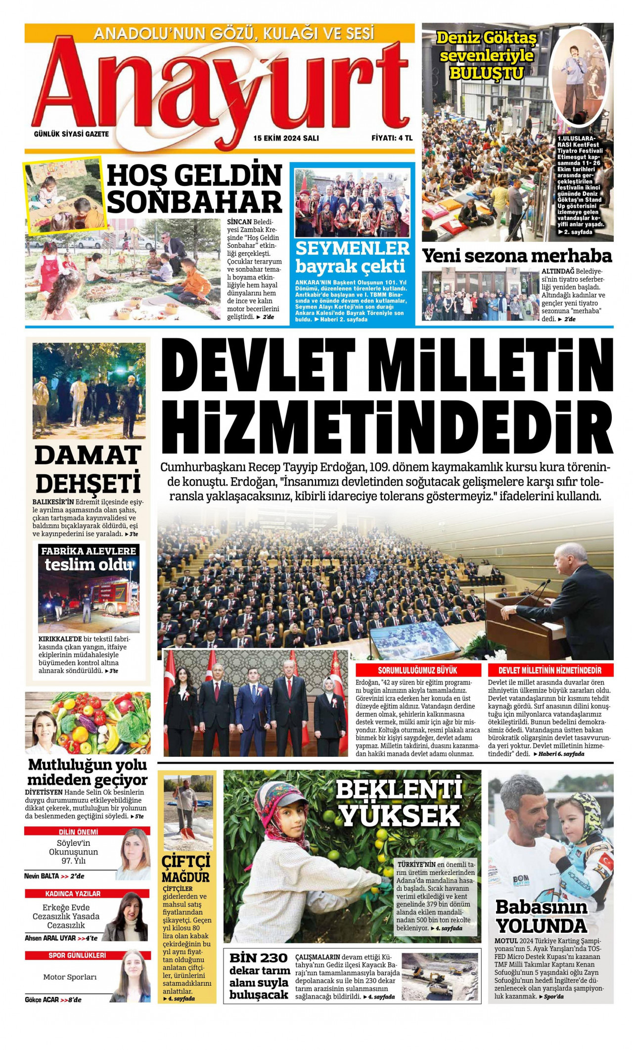 ANAYURT gazetesinin 15 Ekim 2024 tarihli birinci sayfası
