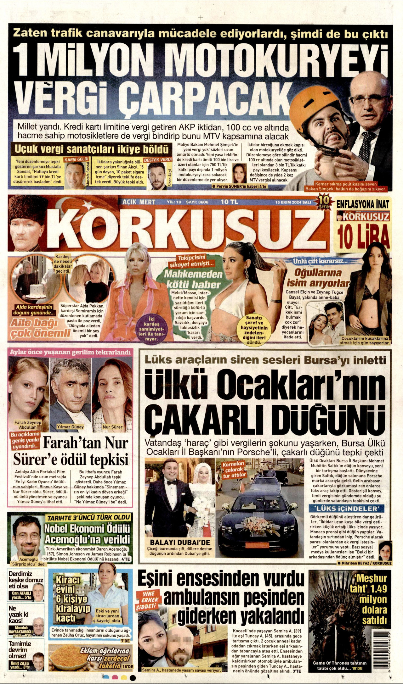 KORKUSUZ gazetesinin 15 Ekim 2024 tarihli birinci sayfası