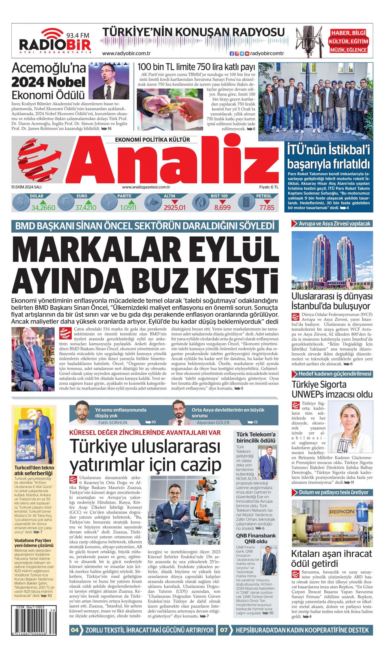 ANALİZ gazetesinin 15 Ekim 2024 tarihli birinci sayfası