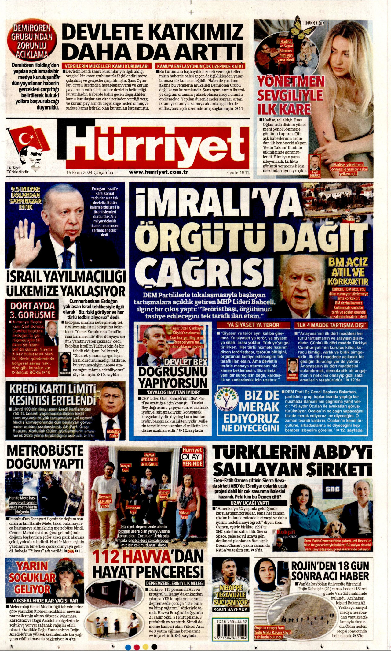 HÜRRİYET gazetesinin 16 Ekim 2024 tarihli birinci sayfası