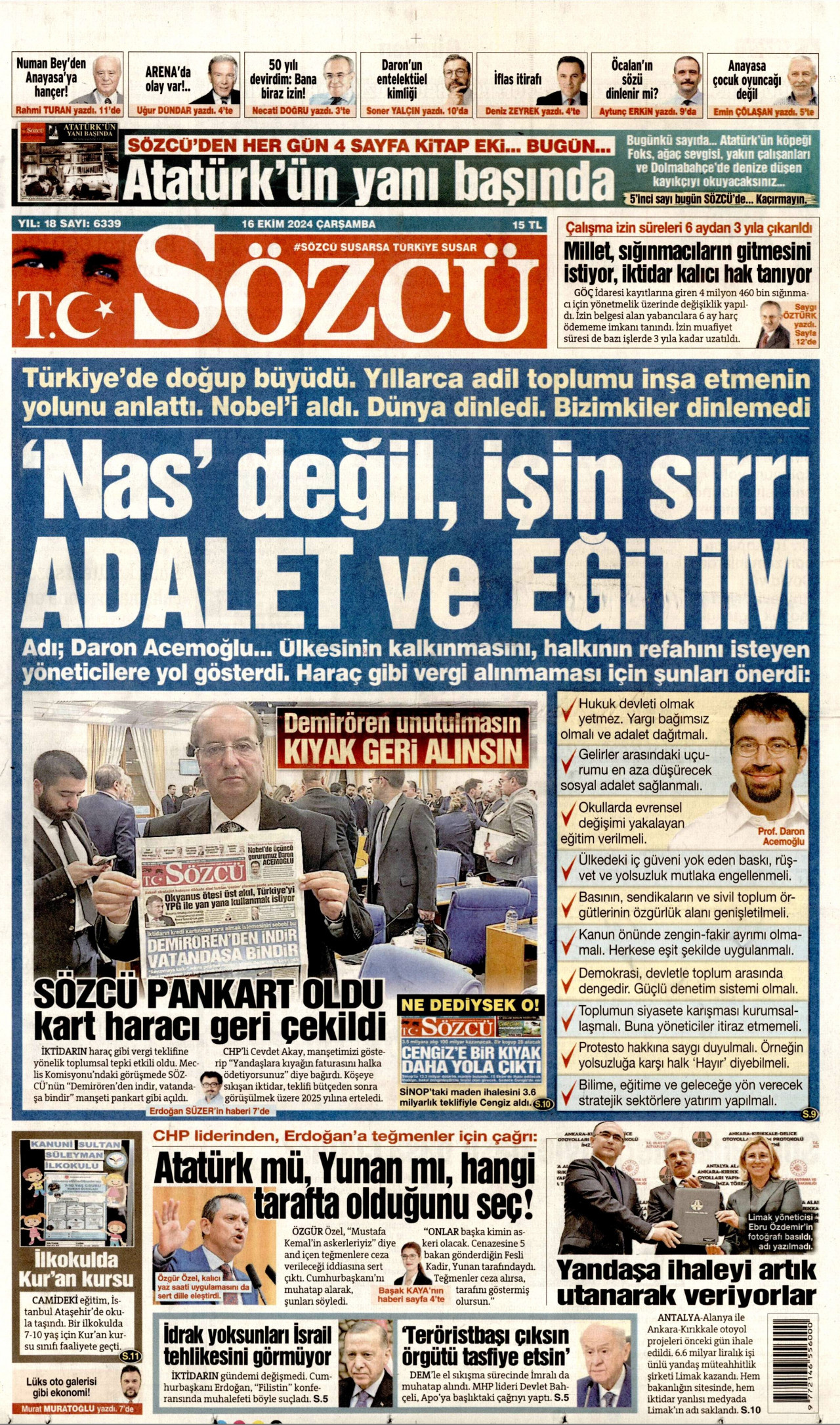 SÖZCÜ gazetesinin 16 Ekim 2024 tarihli birinci sayfası